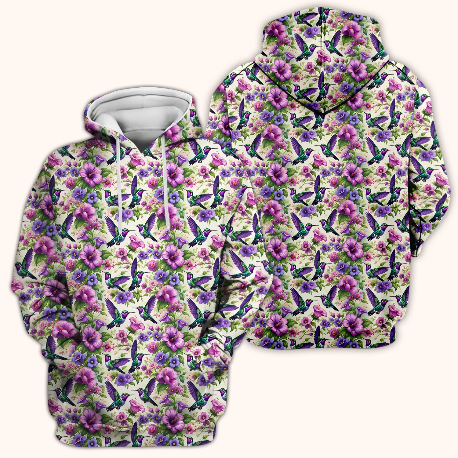 Purple Hummingbird Hibiscus Floral Pattern Scrub Top, Comfortable Scrubs for Nurses