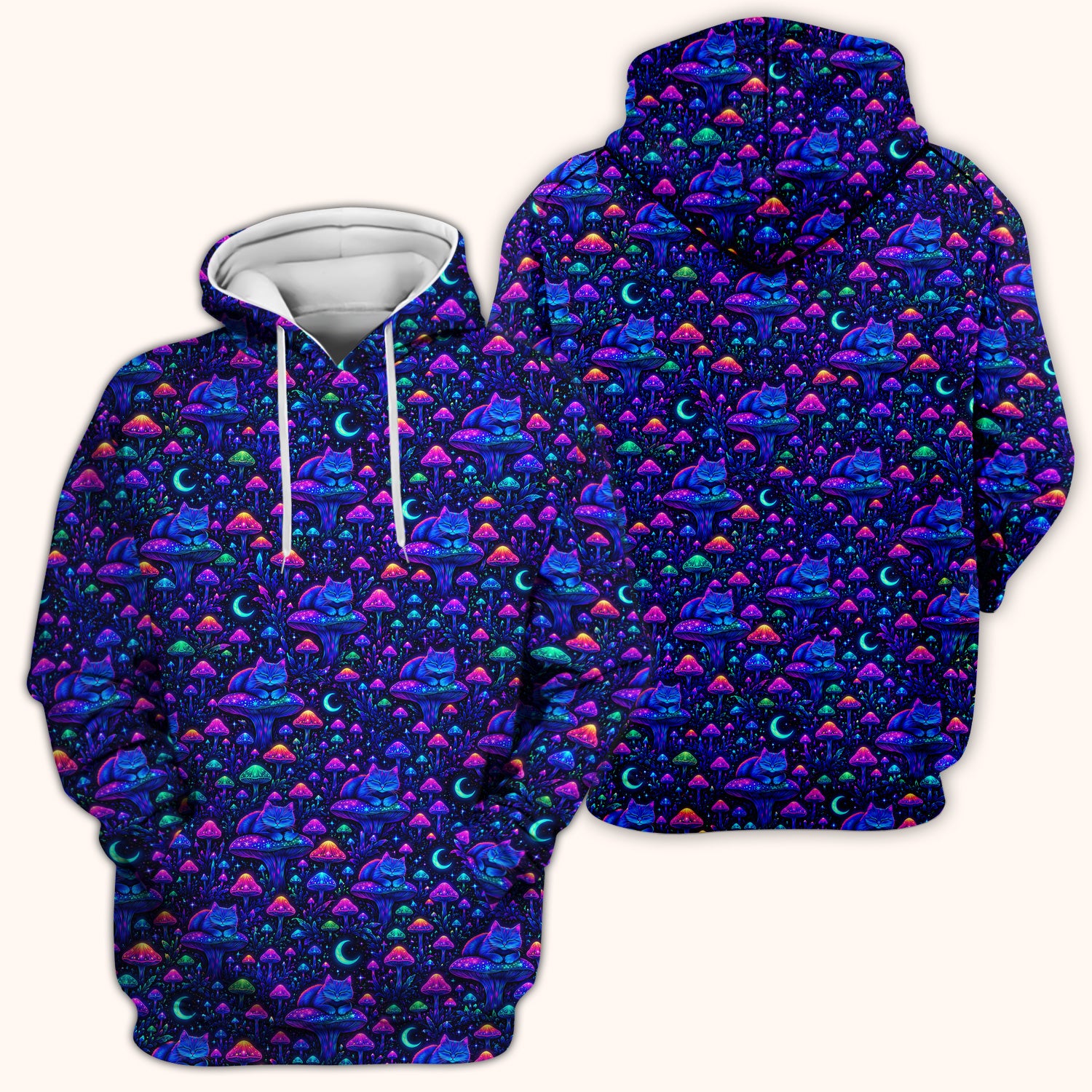 Neon Mushroom Cat Galaxy Scrub Top, Psychedelic Night Forest Nursing Uniform