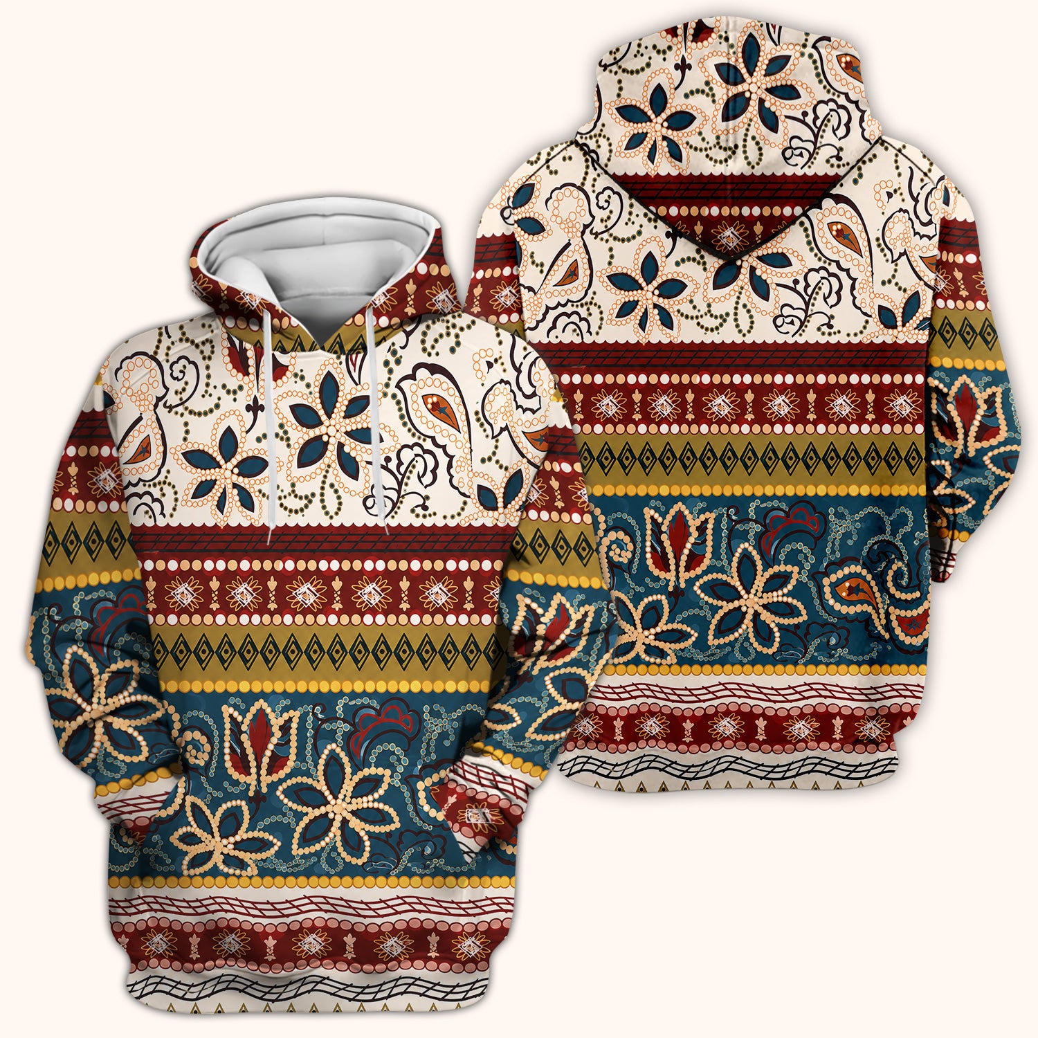 Boho Paisley Floral Stripe Pattern Scrub Top, Comfortable Scrubs for Nurses