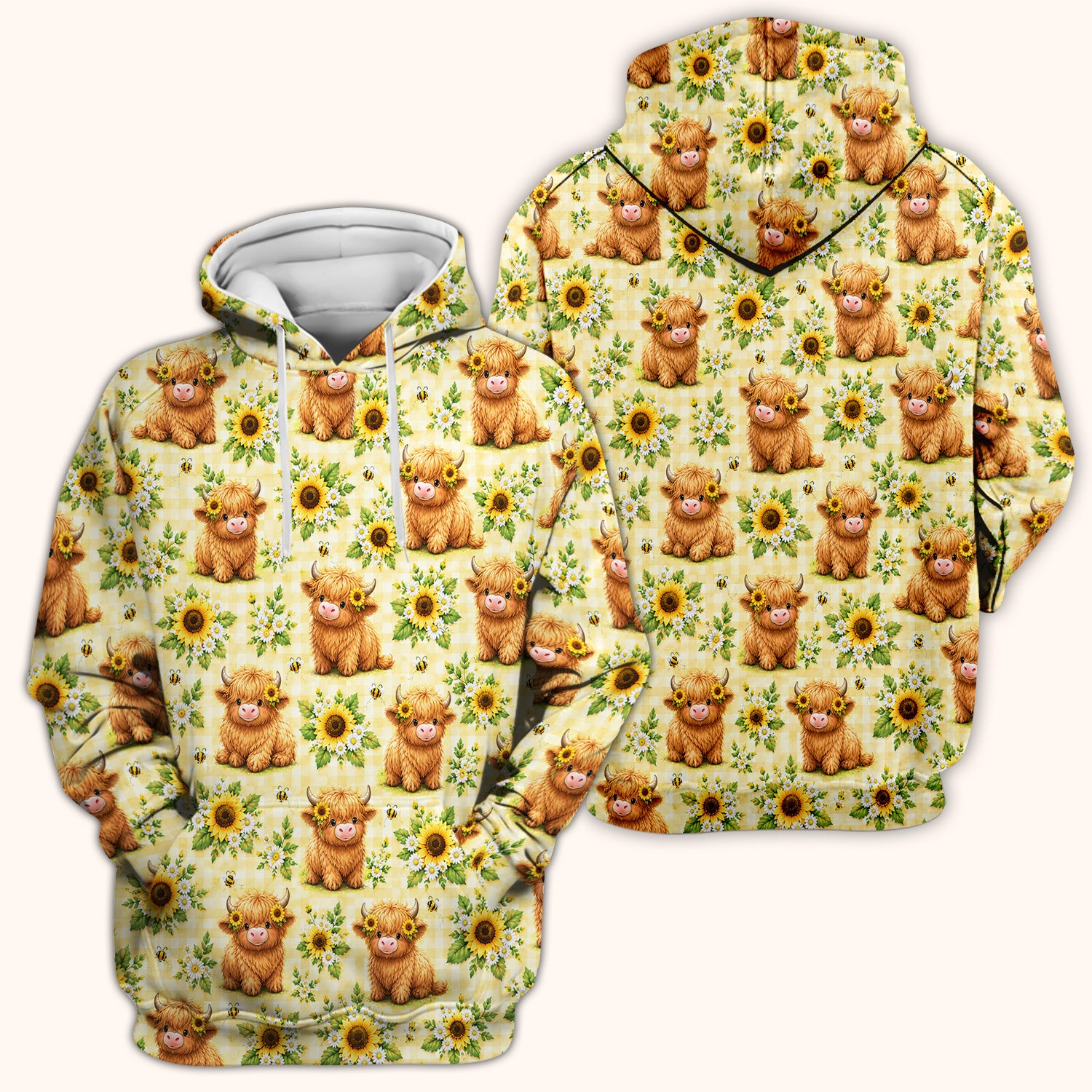Sunflower Highland Cow And Bee Pattern Scrub Top, Comfortable Scrubs for Nurses