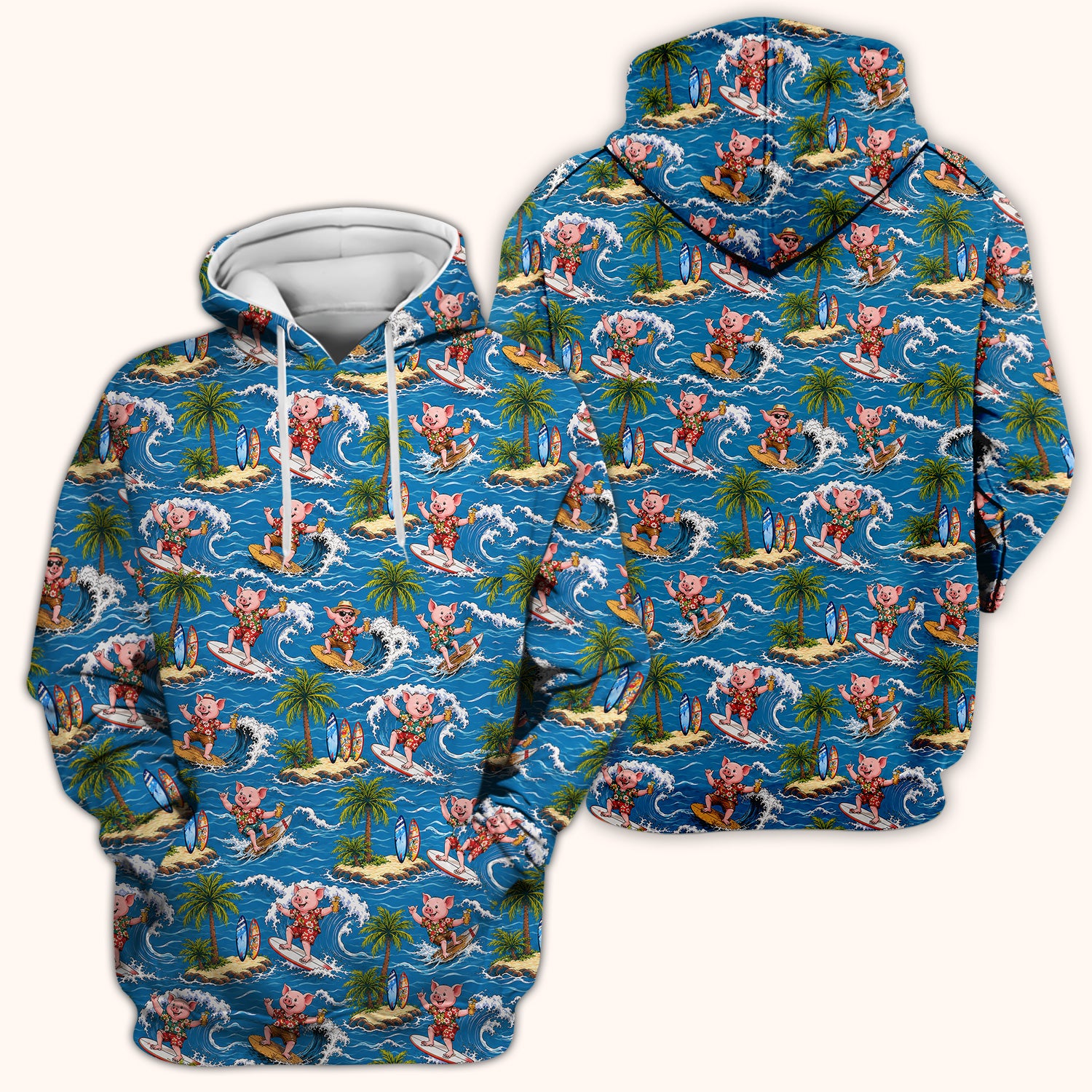 Tropical Surfing Pig Island Pattern Scrub Top, Comfortable Scrubs for Nurses