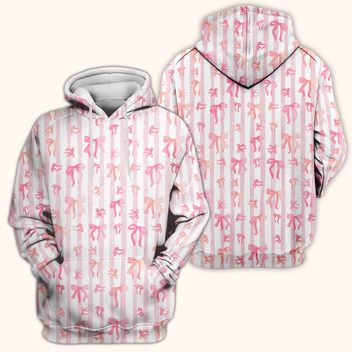 Pink Bow Stripe Pattern Print Scrub Top, Comfortable Scrubs for Nurses