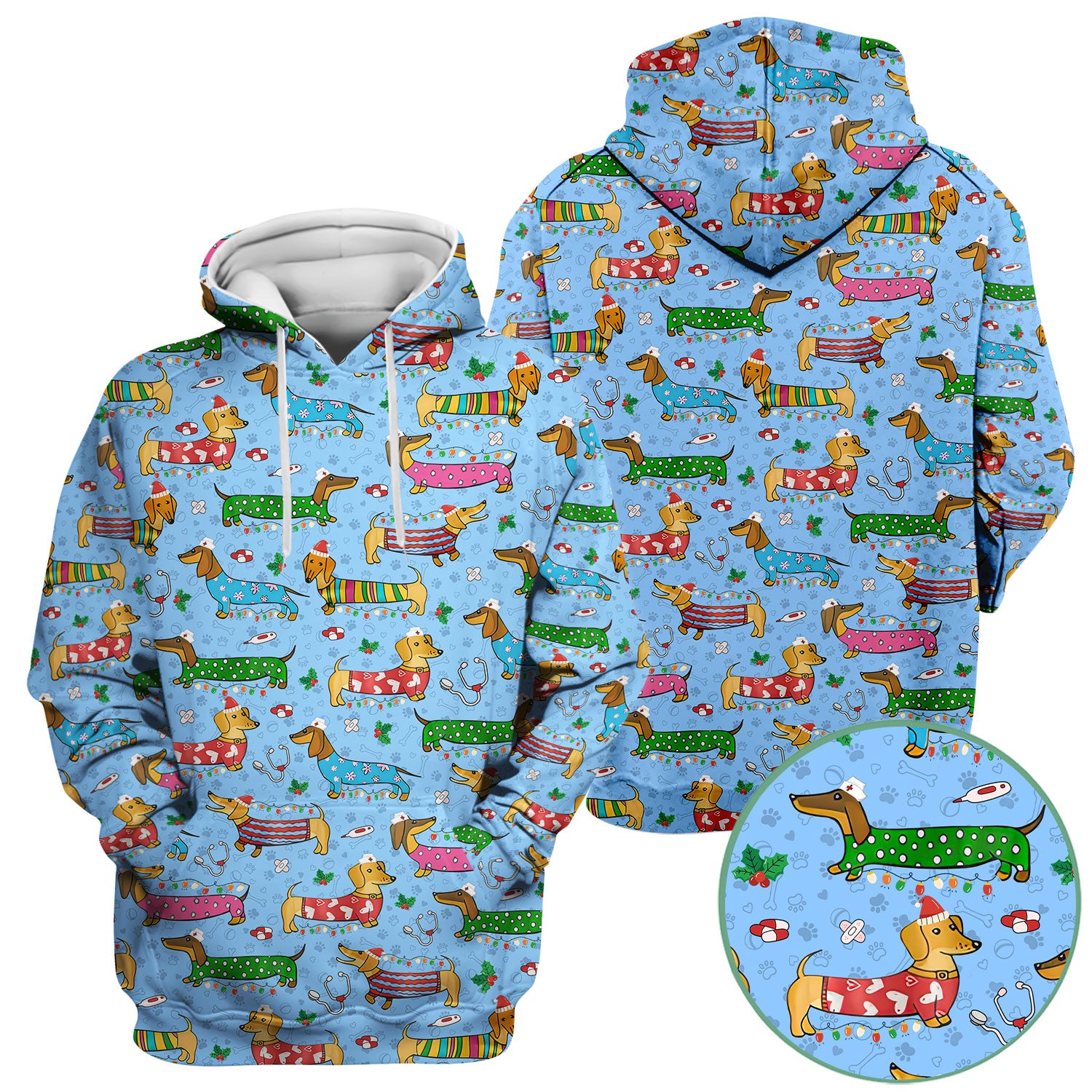 Christmas Dachshund Nurse Scrub Top - Cute Wiener Dog in Holiday Outfit - Funny Medical Shirt Gift for Women RN LPN CNA