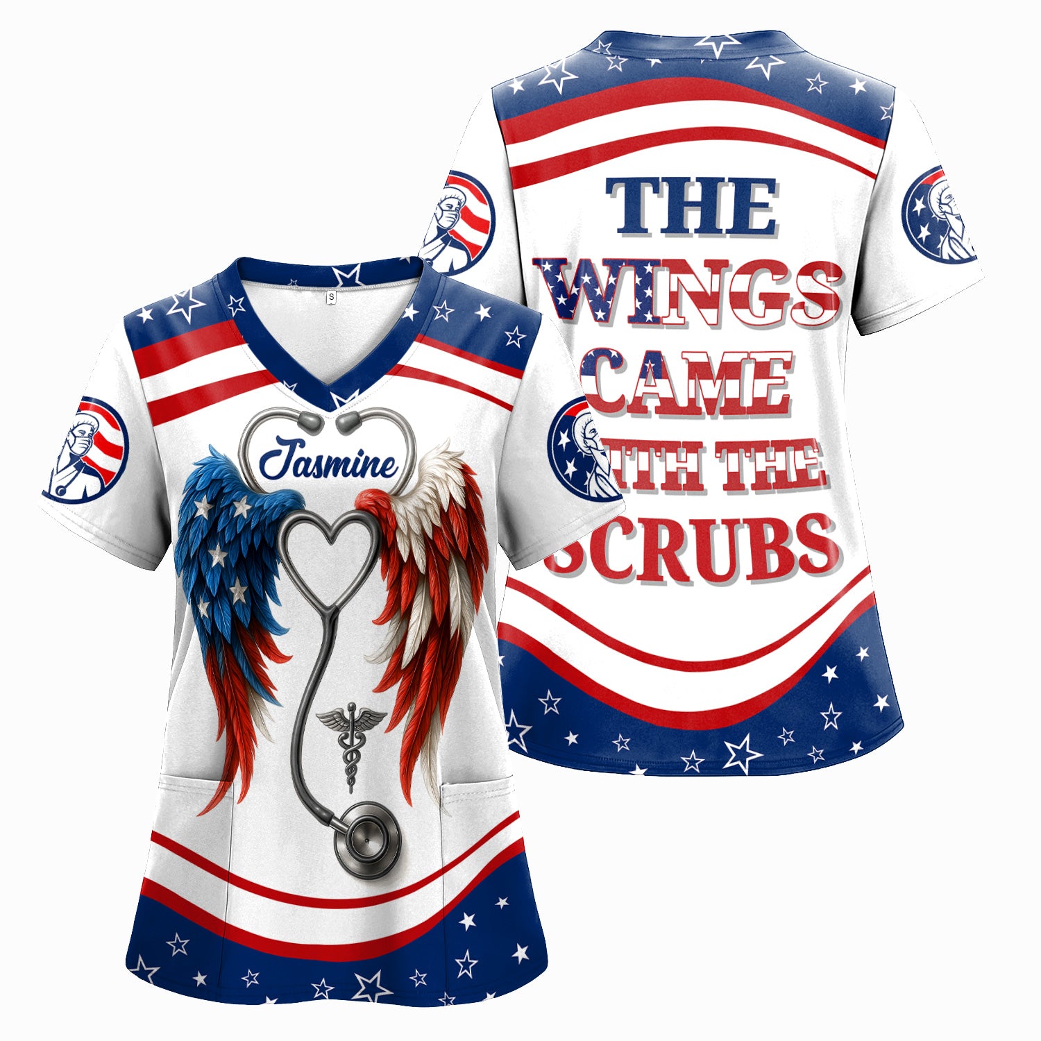 Personalized Nurse Shirt - American Flag Angel Wings & Scrubs Design - Patriotic Gift for RN LPN CNA Women