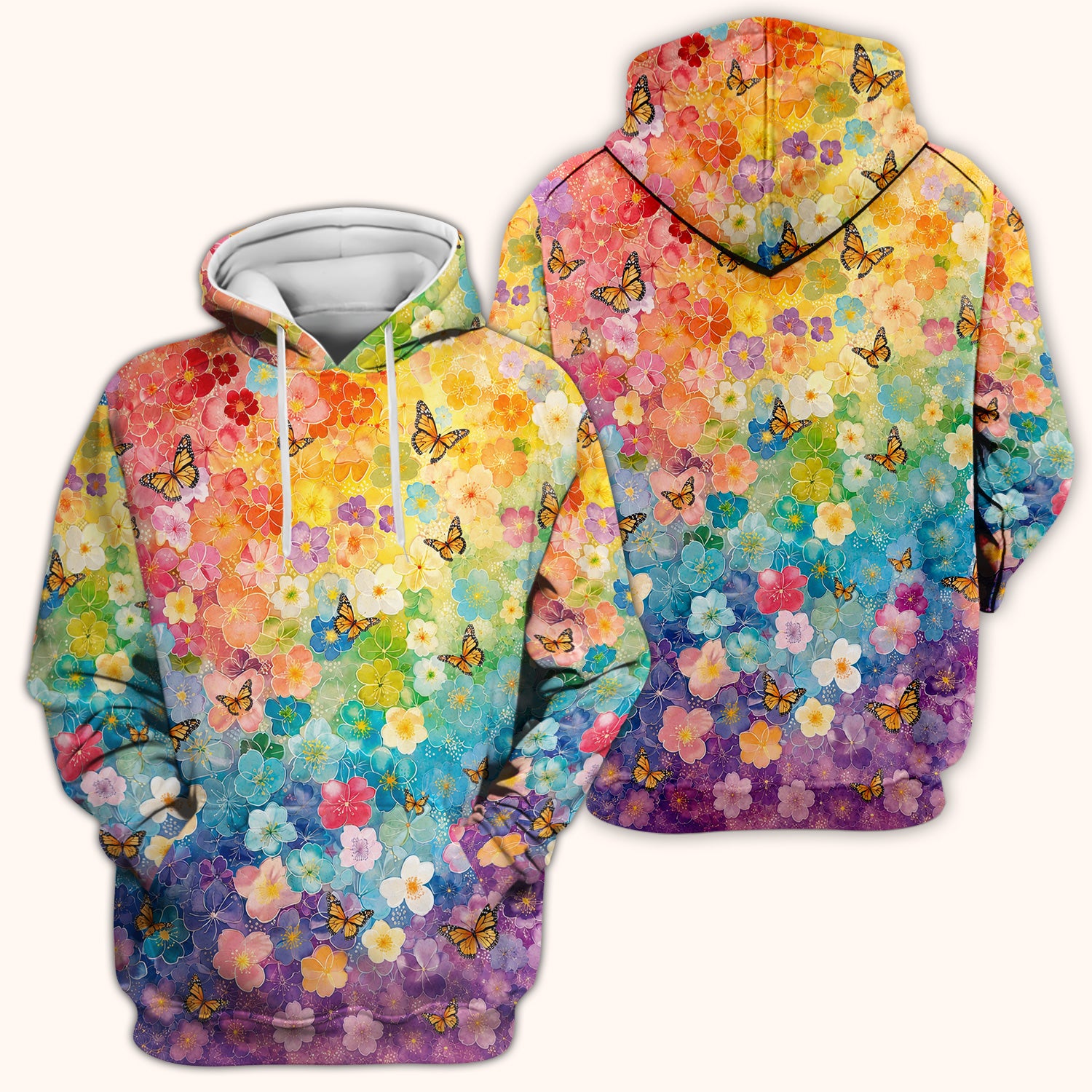 Rainbow Butterfly Floral Blossom Pattern Scrub Top, Comfortable Scrubs for Nurses