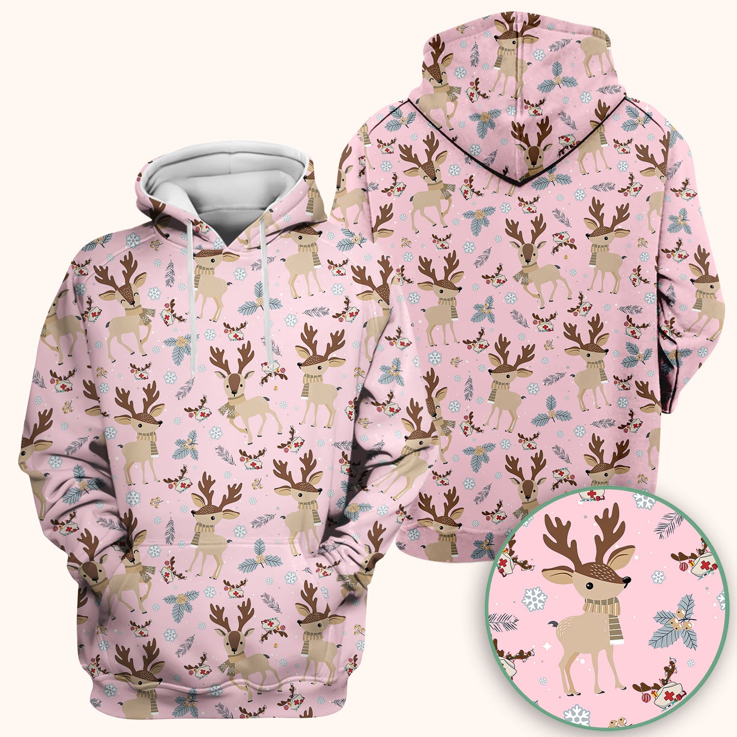 Reindeer Christmas Scrub Top - Cozy Beige Holiday Nurse Shirt with Cute Deer Pattern - Festive Medical Scrubs for Women RN CNA LPN