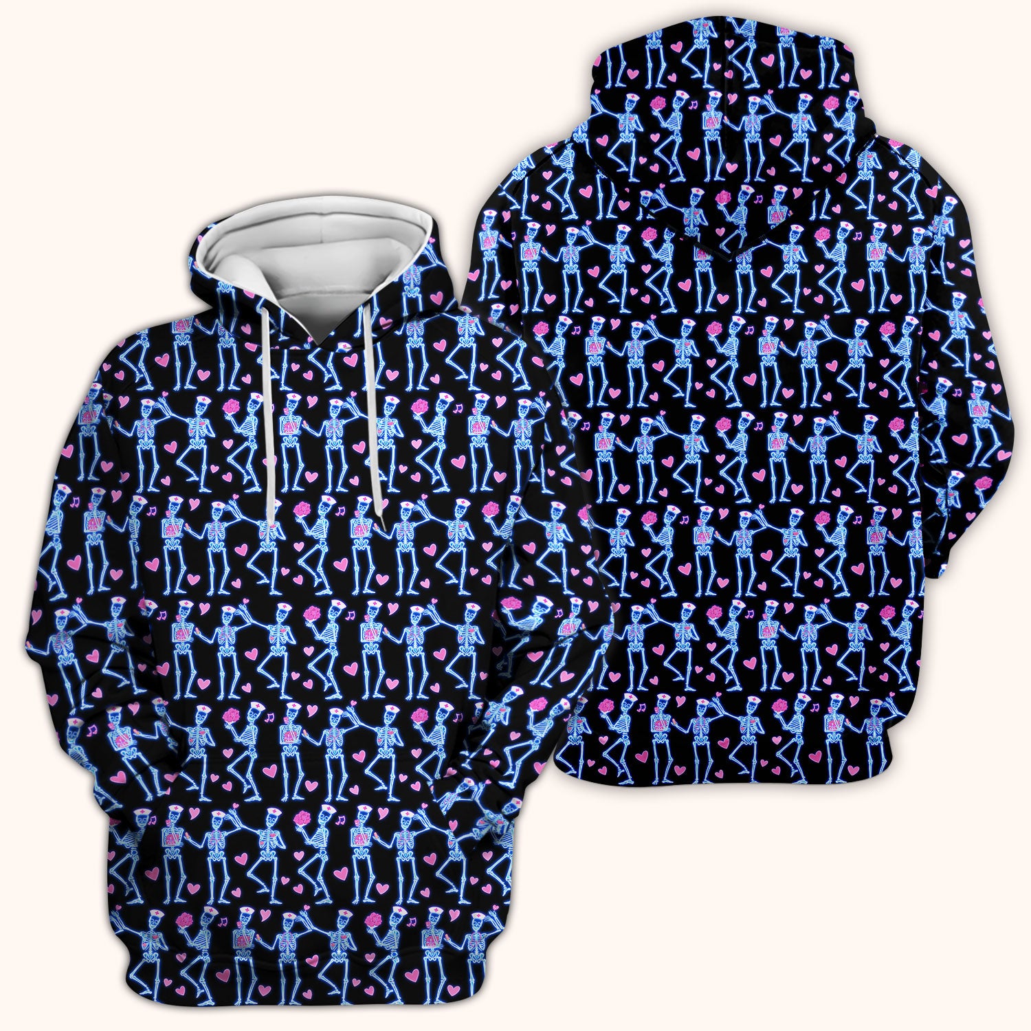 Skeleton Nurse Heart Pattern Scrub Top, Playful Nurse Style, Breathable Fabrics Nursing Uniform