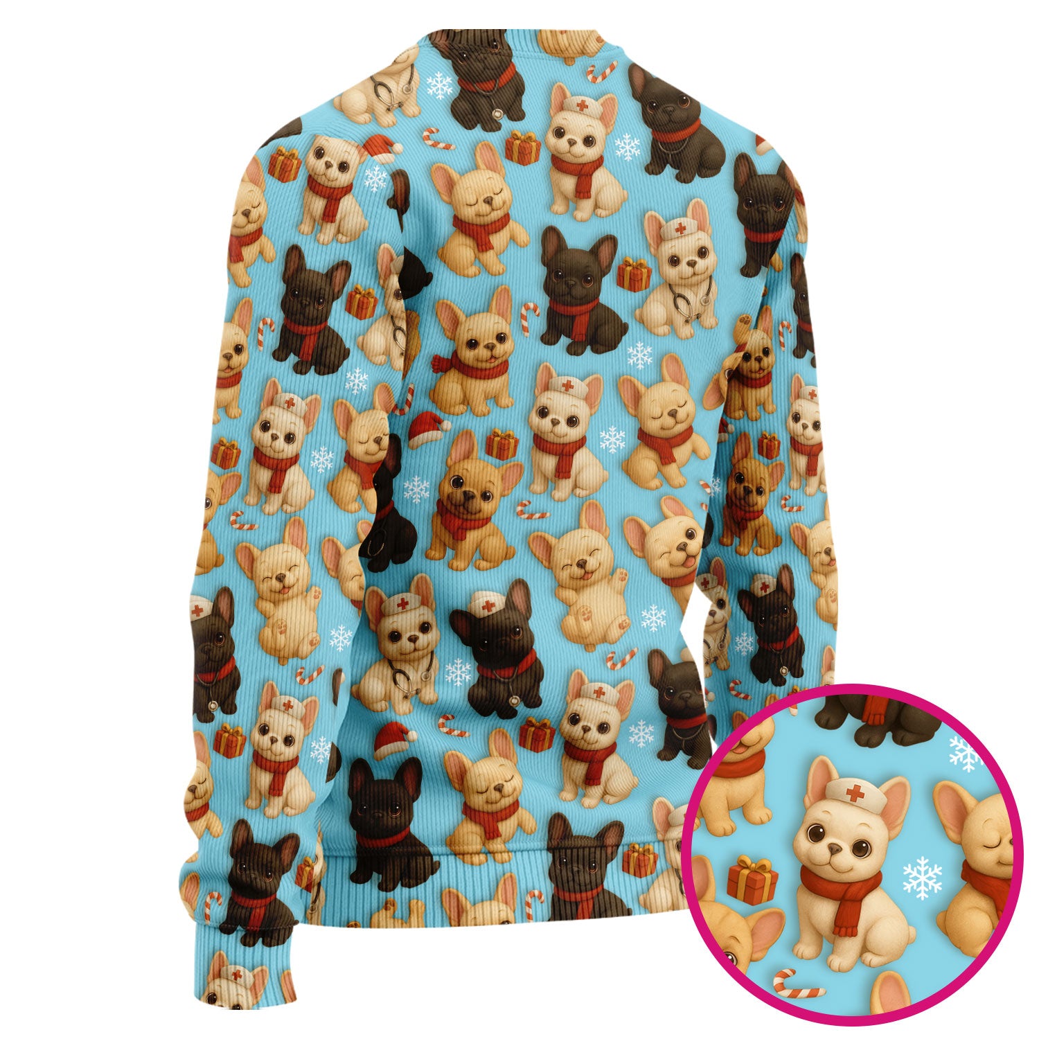 French Bulldog Scrubs Christmas Nurse Set - Cute Holiday Dogs with Candy Canes, Snowflakes & Gifts - Fun Festive Christmas Scrubs for Women