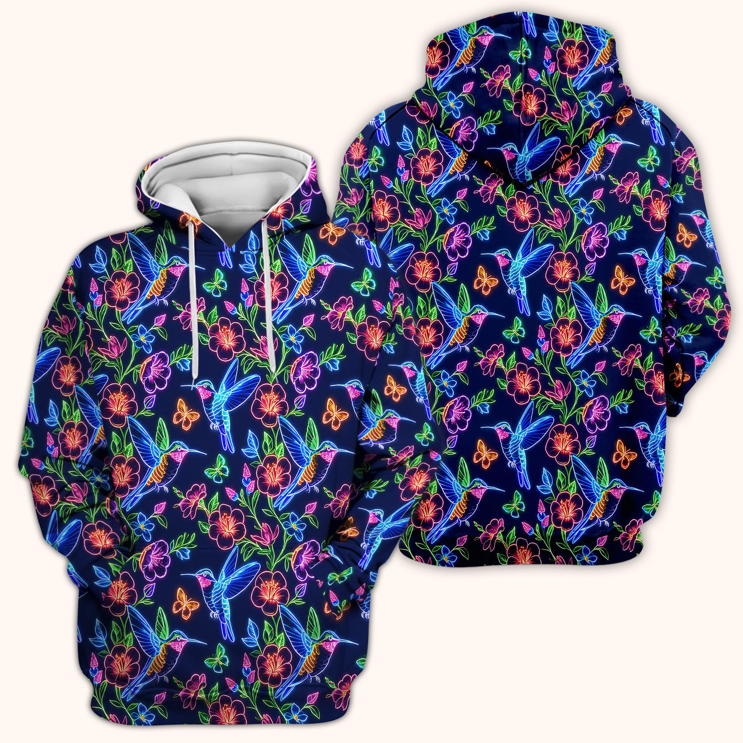 Neon Hummingbird Floral Garden Pattern Scrub Top, Comfortable Scrubs for Nurses