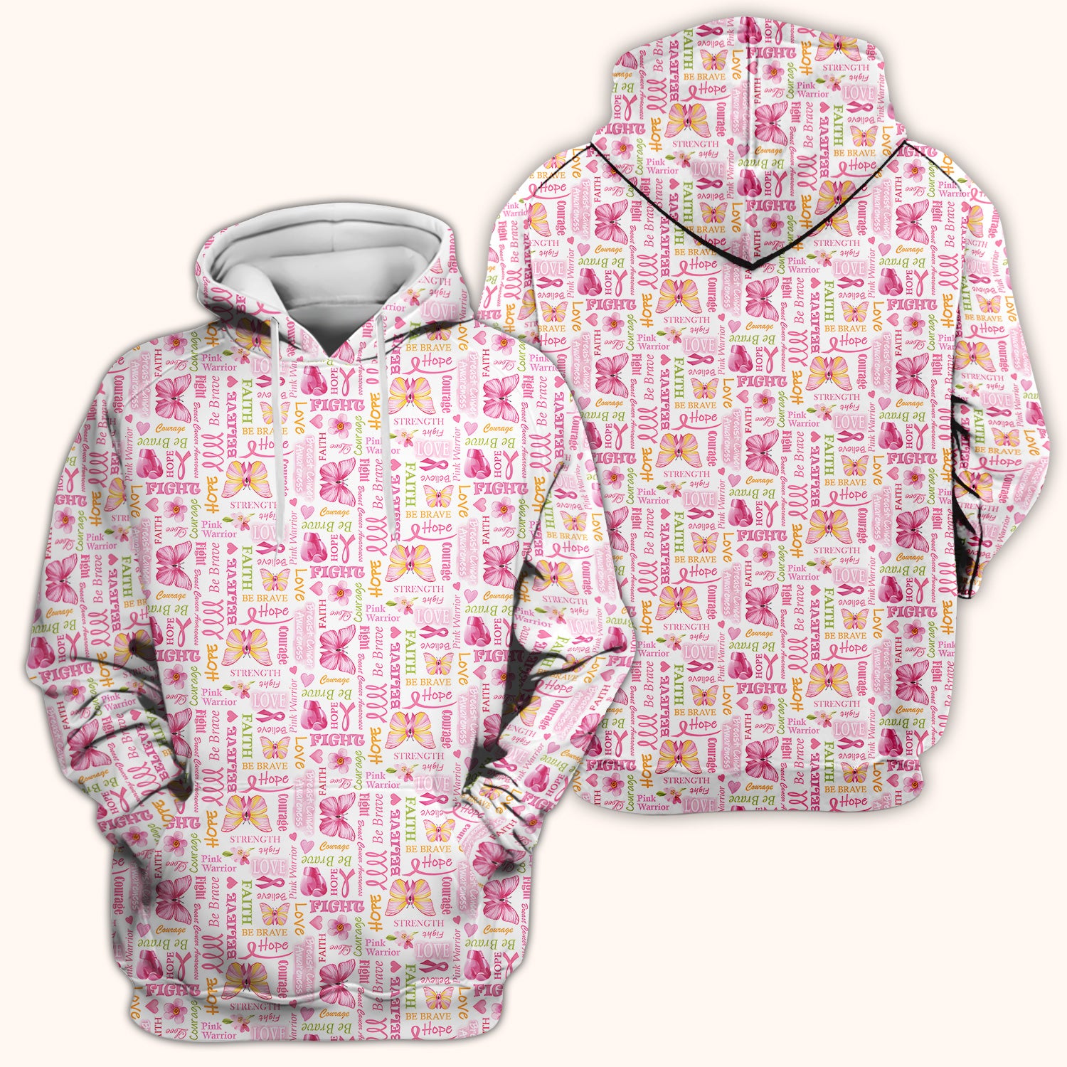 Pink Ribbon Butterfly Print Scrub Top, Comfortable Scrubs for Nurses
