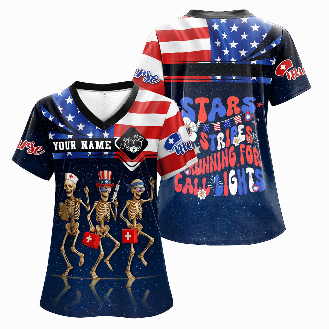 Personalized 4th of July Nurse Scrub Top - Funny Skeleton Scrubs for Women RN CNA LPN - Custom Name Medical Uniform Gift for Healthcare Workers USA Pride