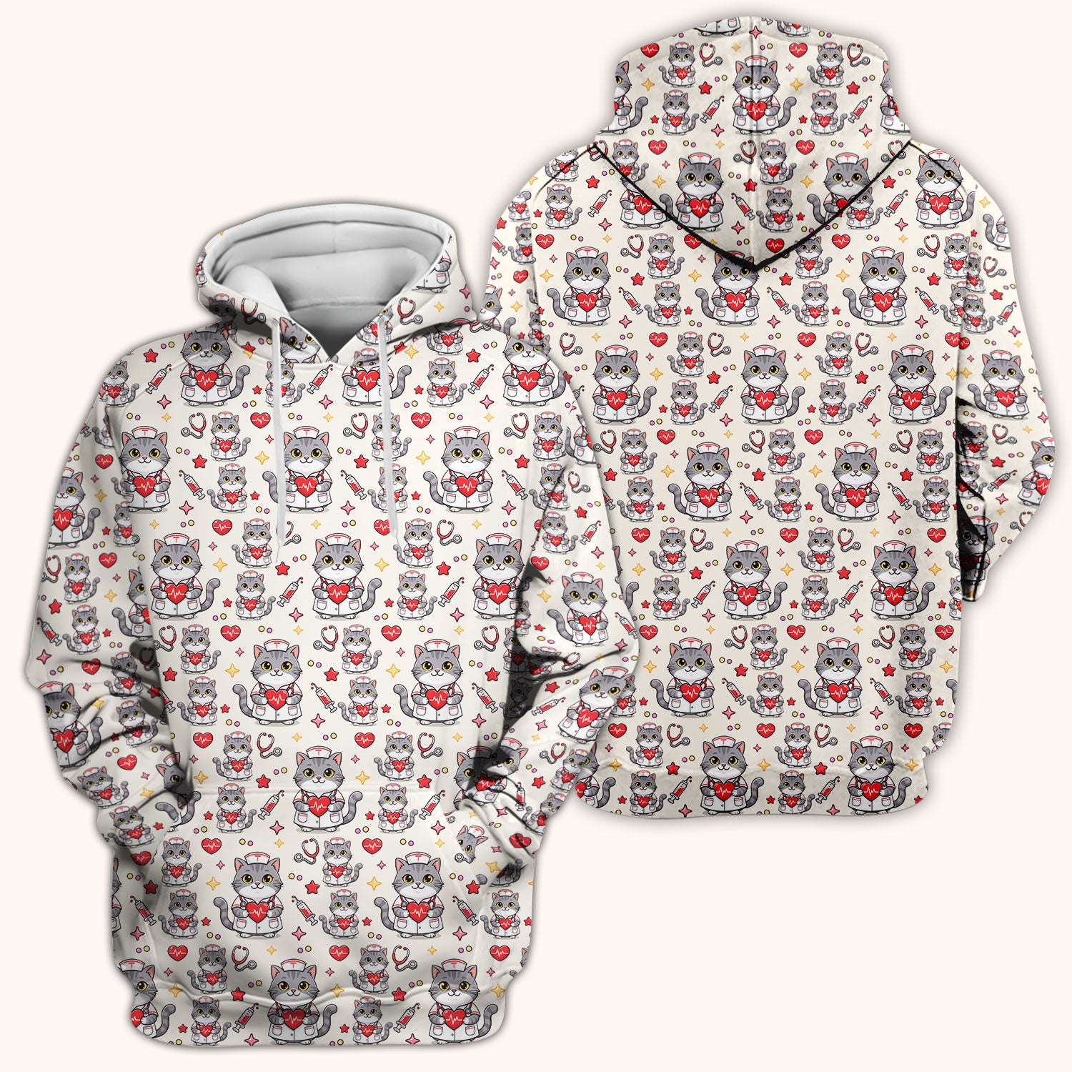 Cute Nurse Cat Heart Medical Print Scrub Top, Comfortable Scrubs for Nurses