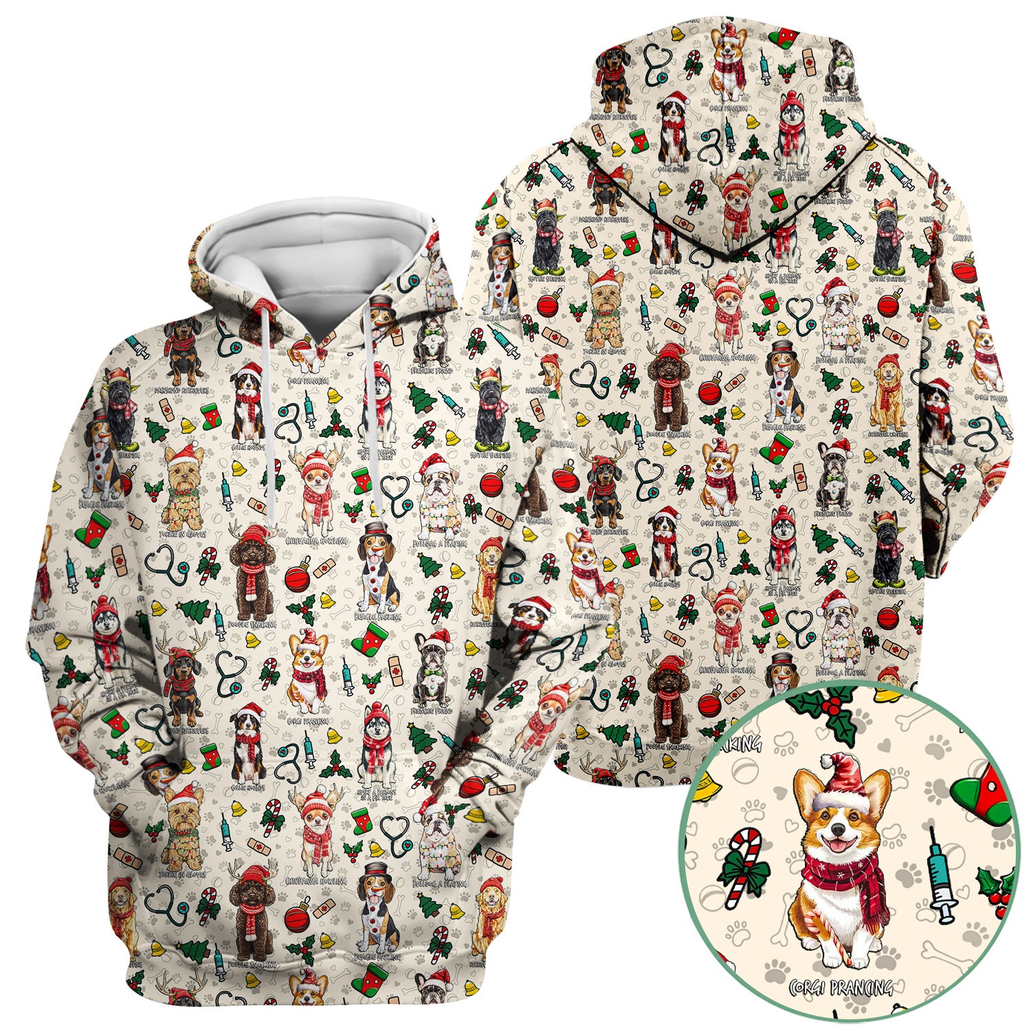 Christmas Dog Scrubs for Nurses – Dachshund, Husky, Poodle, Corgi & Labrador Holiday Scrub Top – Funny Santa Pattern Medical Shirt
