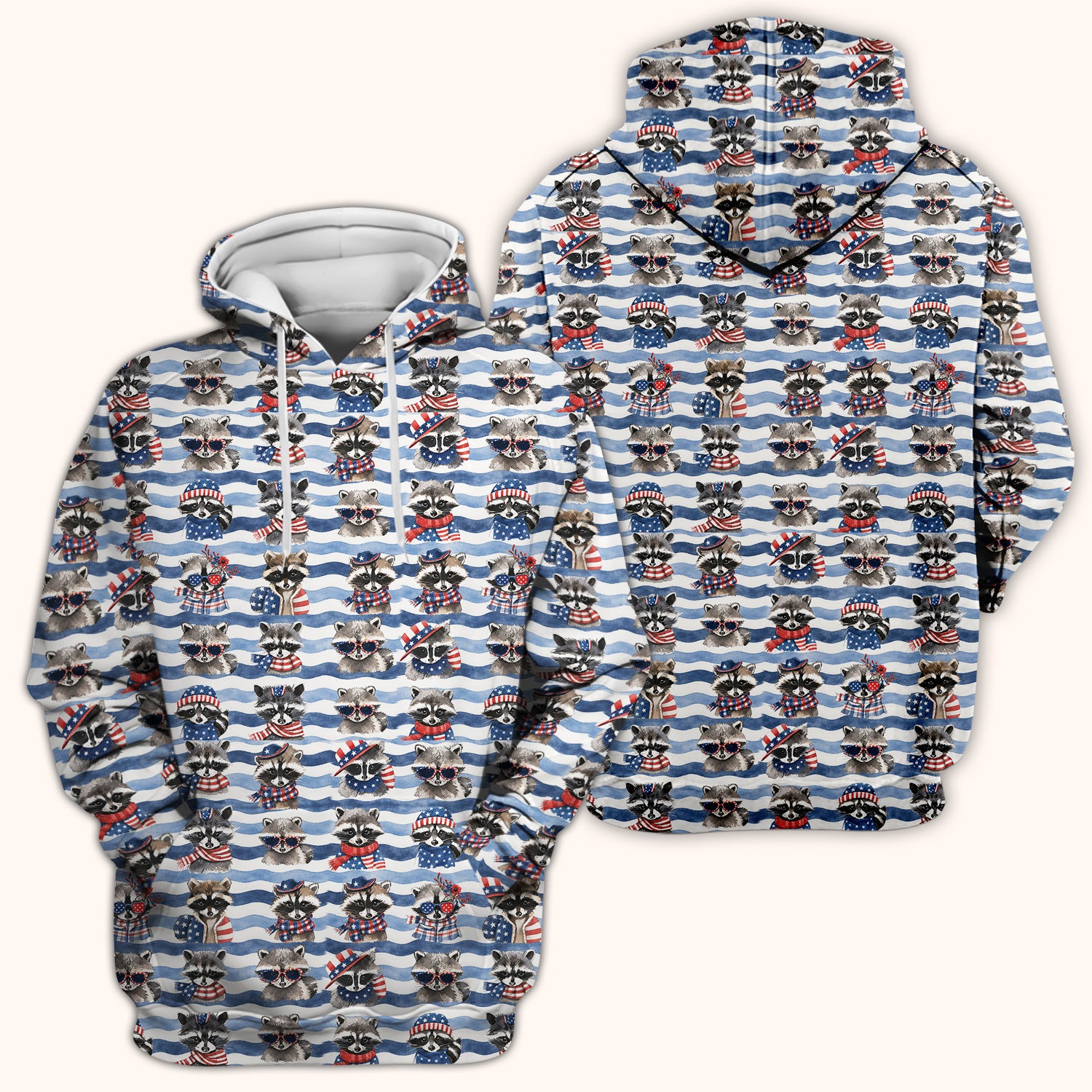 Patriotic Raccoon Watercolor Stripe Pattern Scrub Top, Comfortable Scrubs for Nurses