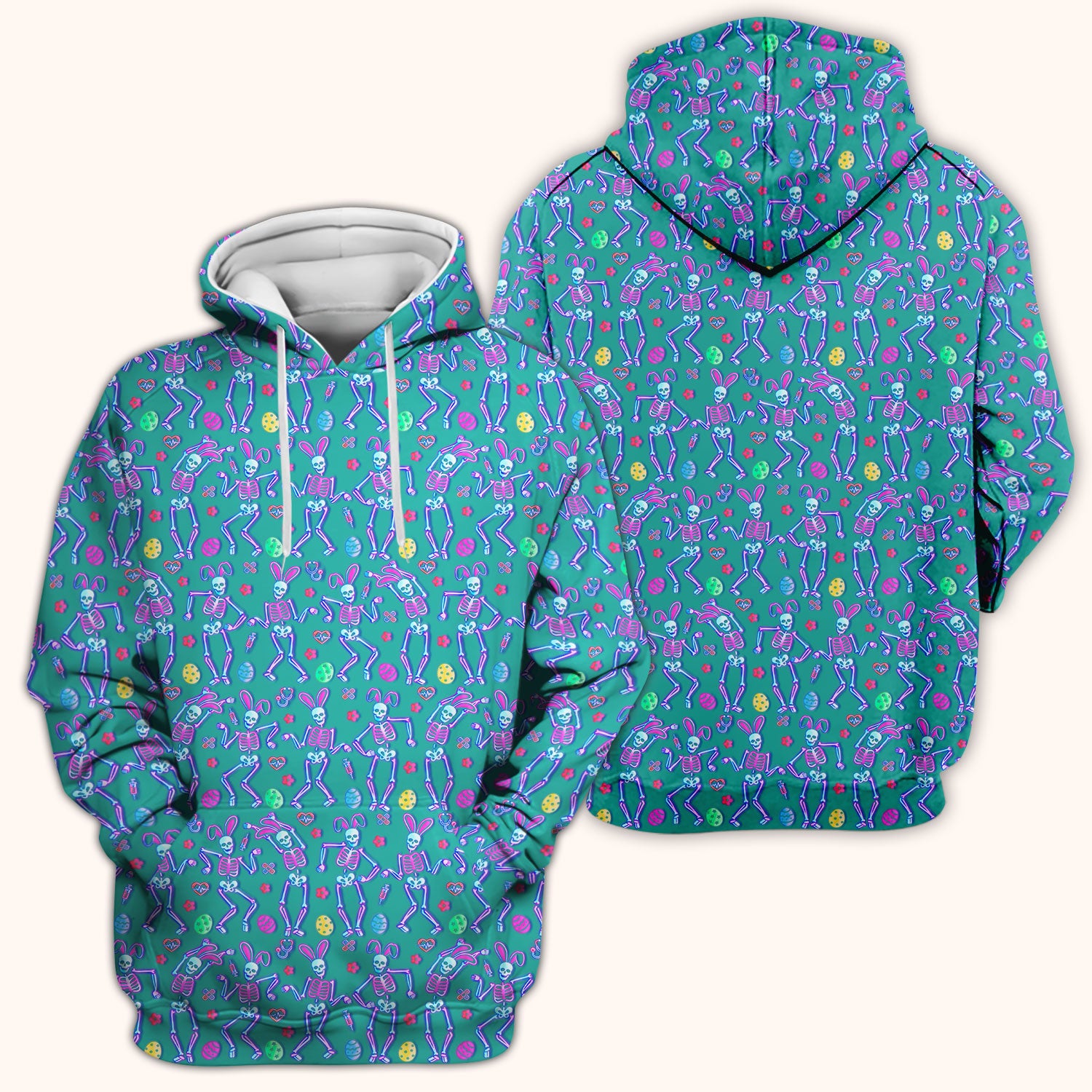 Neon Easter Skeleton Pattern Scrub Top, Comfortable Scrubs for Nurses