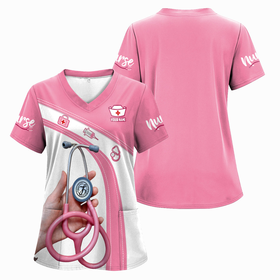 Custom Name Pink Nurse Shirt - Cute Stethoscope Gift for Female RN LPN CNA - Appreciation Week Medical Tee