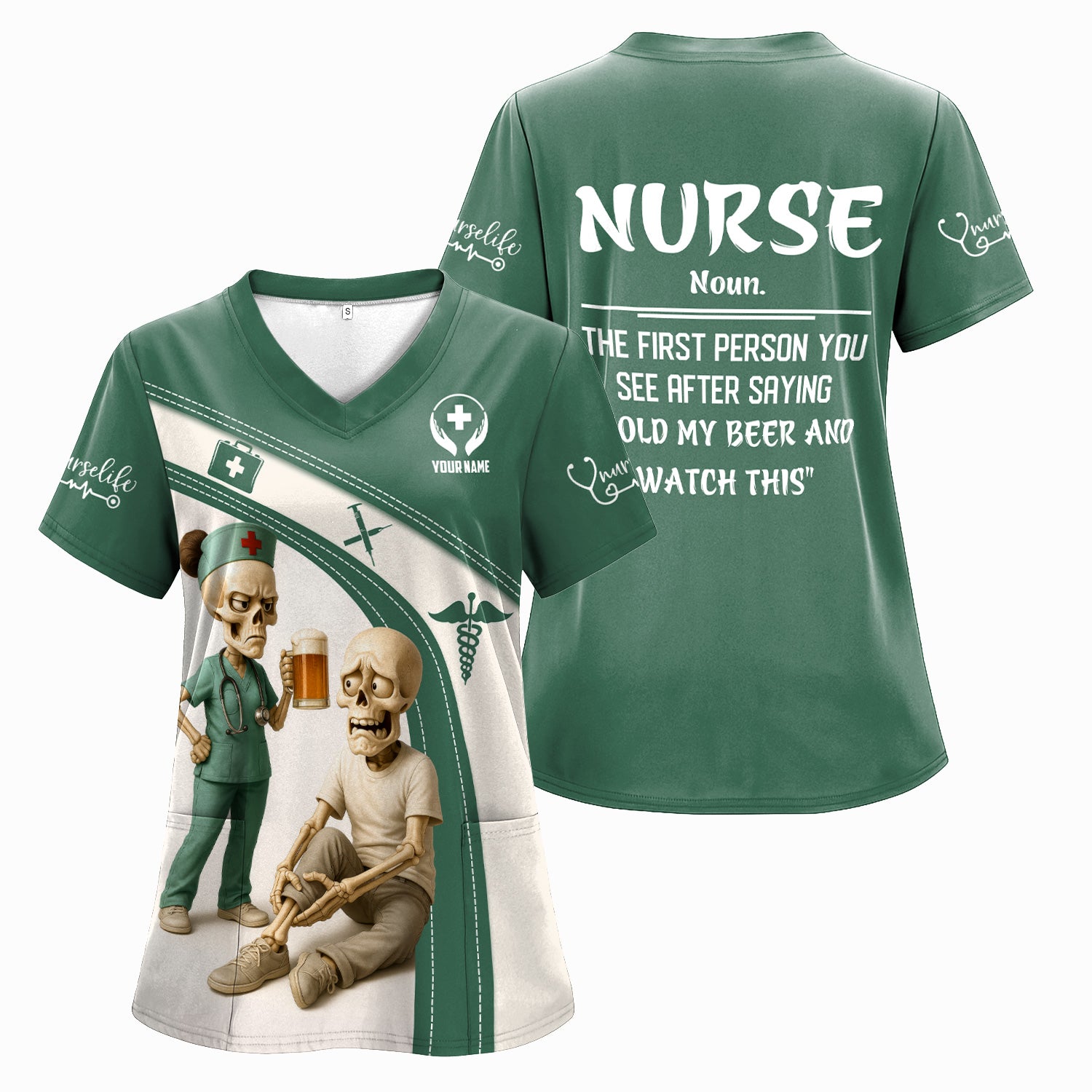 Funny Skeleton Nurse Shirt for Women - Custom Name Beer Joke Medical Uniform - Hilarious Gift for RN CNA LPN