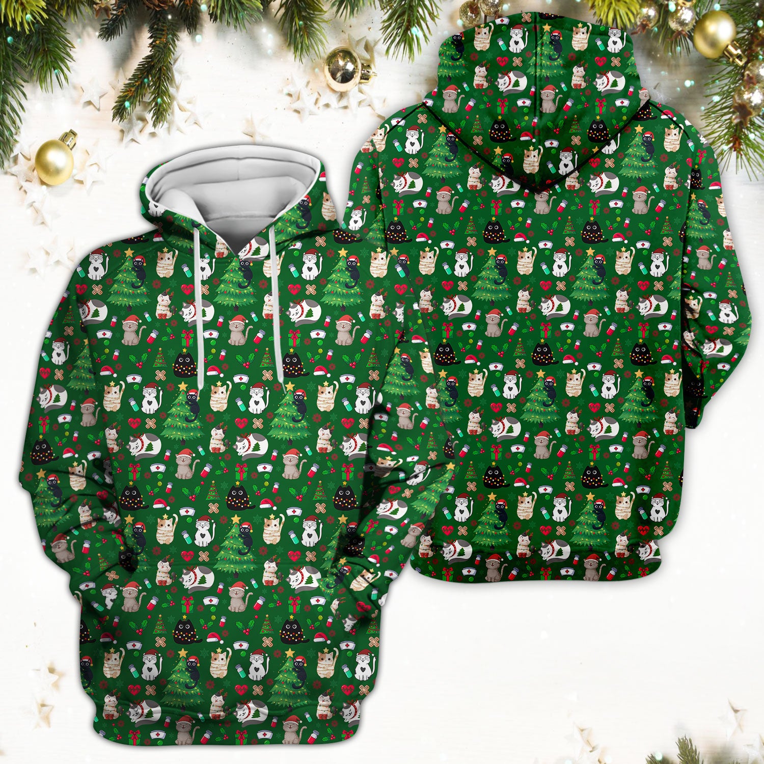 Christmas Cat Scrub Top, Xmas Pet Pattern Scrub Shirt, Breathable Fabrics Nursing Uniform