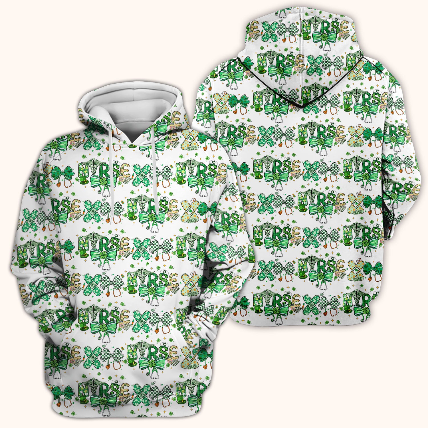 St. Patrick’s Nurse Scrub Top, Lucky Clover And Green Bow Pattern Nurse Shirt, Breathable Fabrics Nursing Uniform