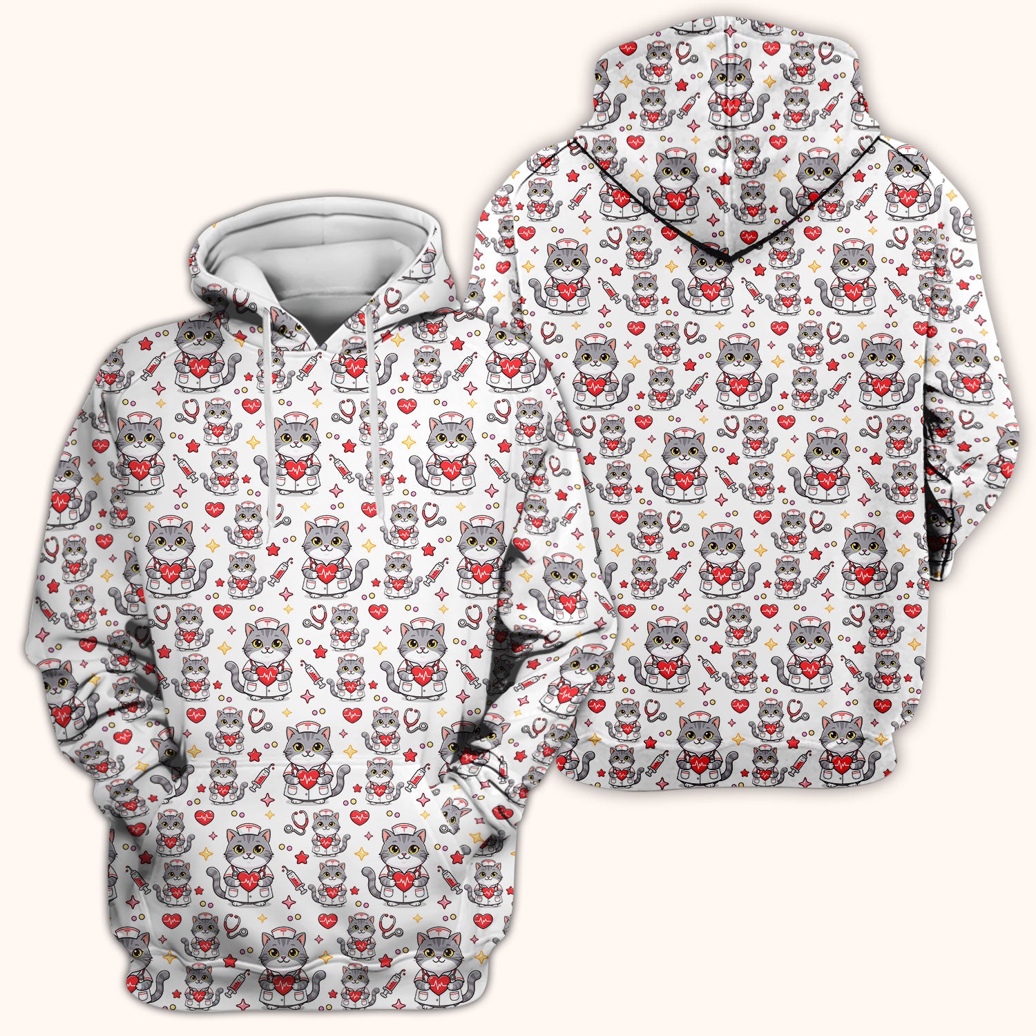 Cute Nurse Cat Heart Medical Print Scrub Top, Comfortable Scrubs for Nurses