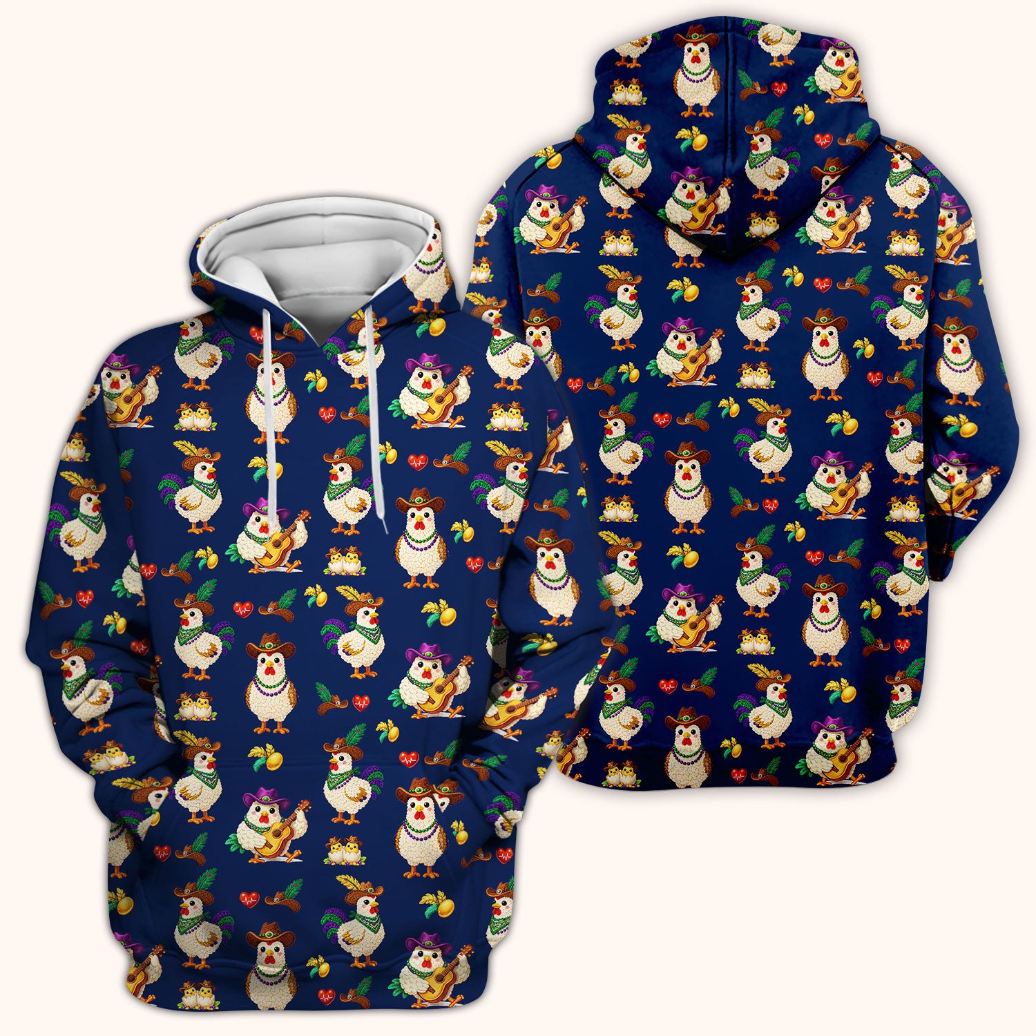 Funny Mardi Gras Rooster Cowboy Print Scrub Top, Comfortable Scrubs for Nurses
