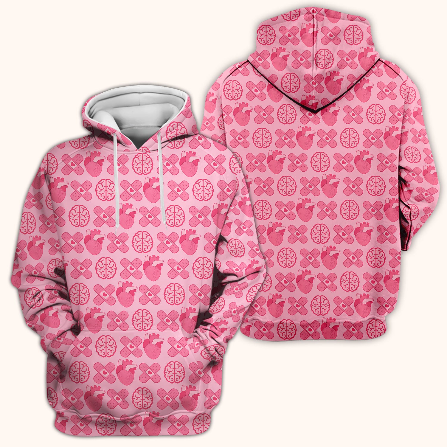 Heart & Brain Medical Icon Pattern Scrub Top, Breathable Fabrics Nursing Uniform