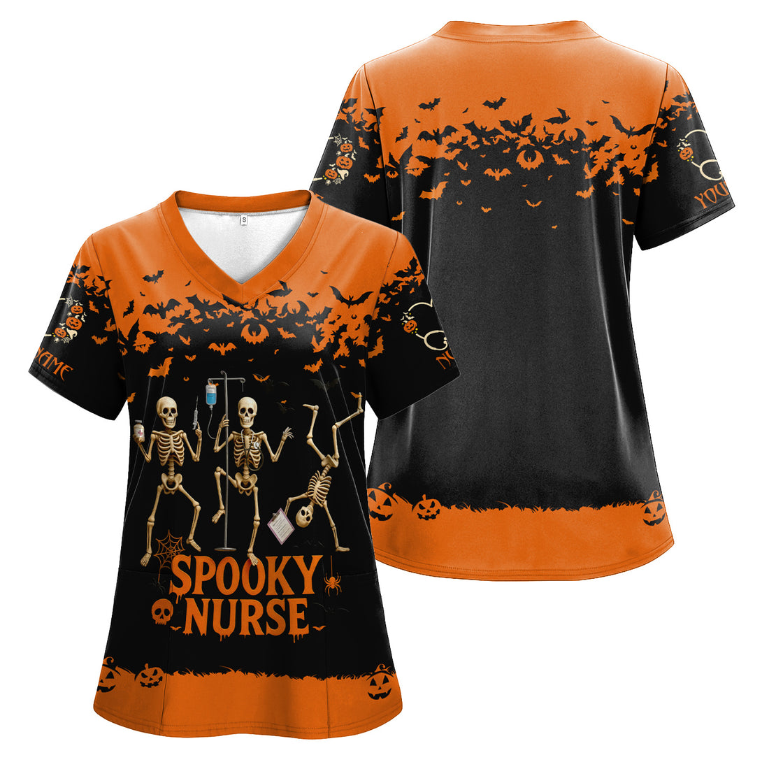 Funny Halloween Nurse Scrub Top - Spooky Skeleton Print Shirt for RN CNA LPN - Custom Name Medical Uniform for October Shift