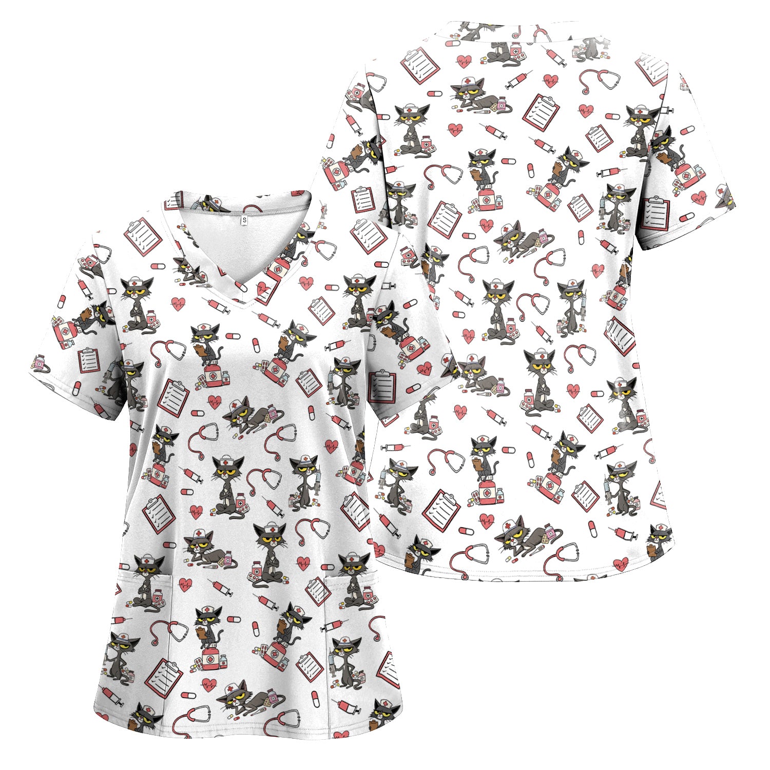 Personalized Funny Nurse Cat Scrub Top for Women - Cute Medical Uniform for RN CNA Vet Tech - Gift for Medical Staff, Healthcare Worker