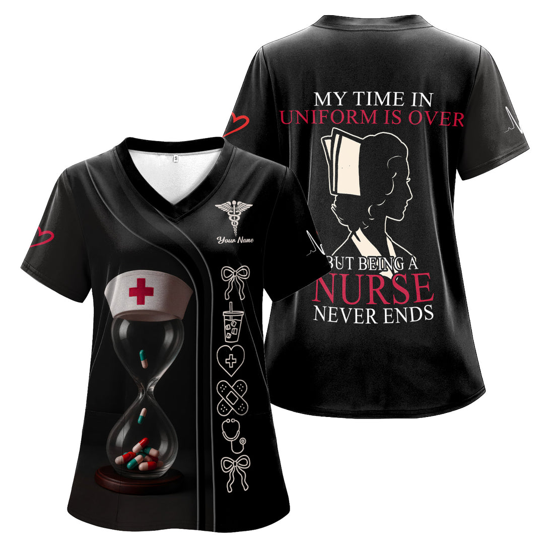 Personalized Retired Nurse Scrub Top - My Time In Uniform Is Over Quote - Custom Name Gift for RN CNA LPN