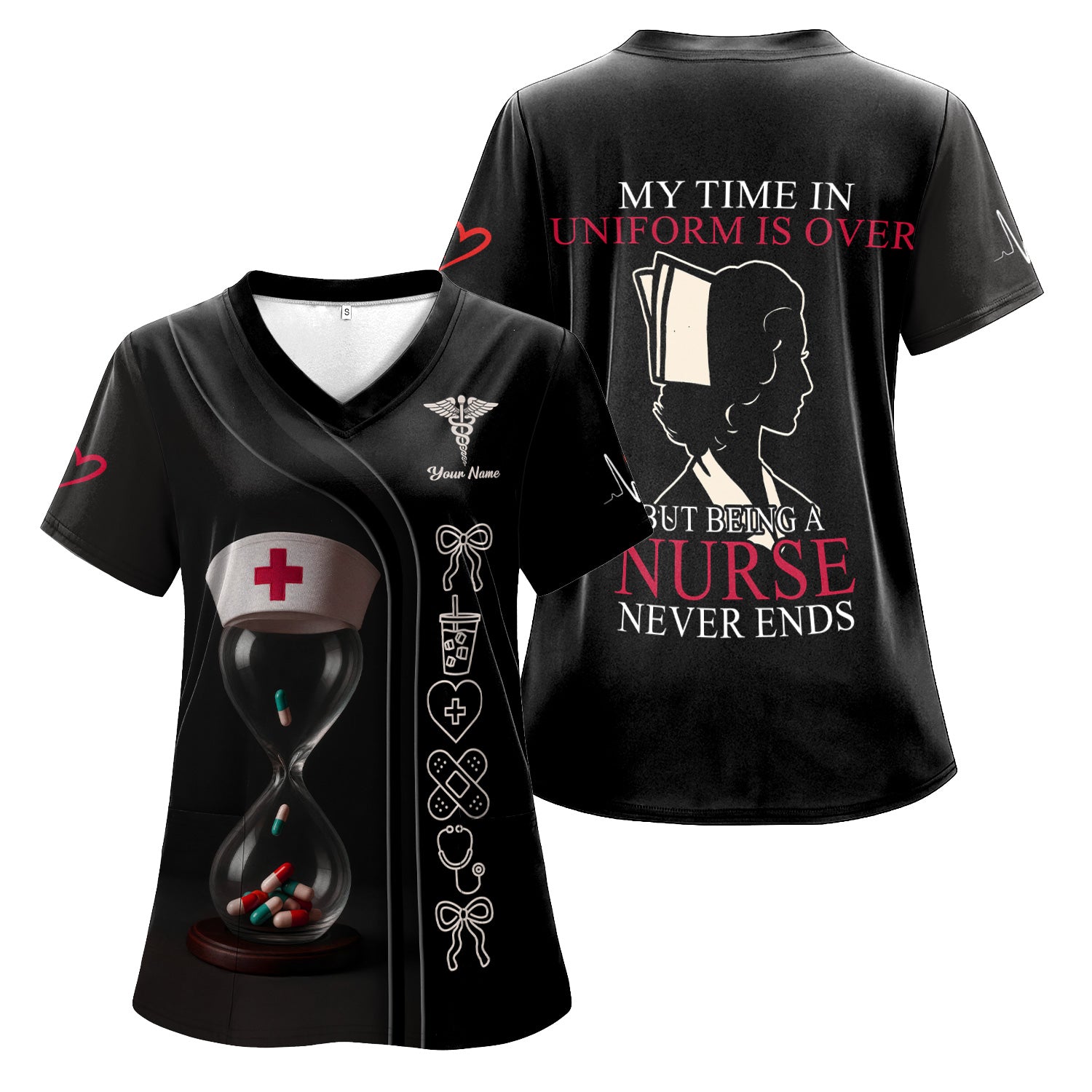 Personalized Retired Nurse Scrub Top - My Time In Uniform Is Over Quote - Custom Name Gift for RN CNA LPN