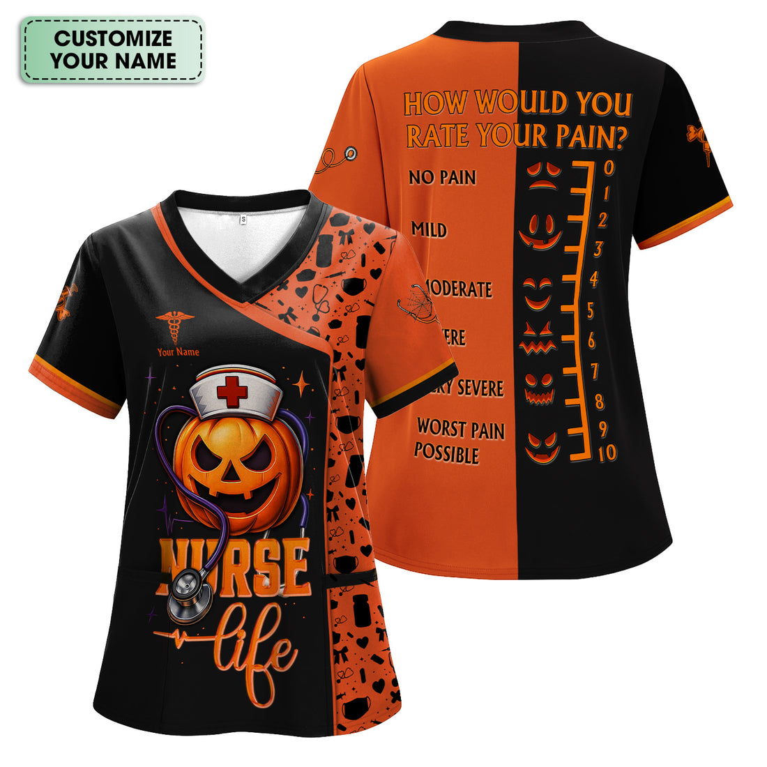 Custom Halloween Nurse Scrub Top with Pain Scale - Personalized Medical Uniform for RN CNA LPN - Gift for Medical Professionals