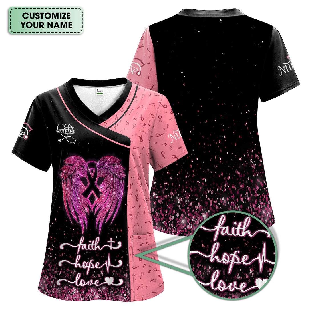 Personalized Breast Cancer Awareness Scrub - Faith Hope Love & Angel Wings - Gift for RN LPN CNA