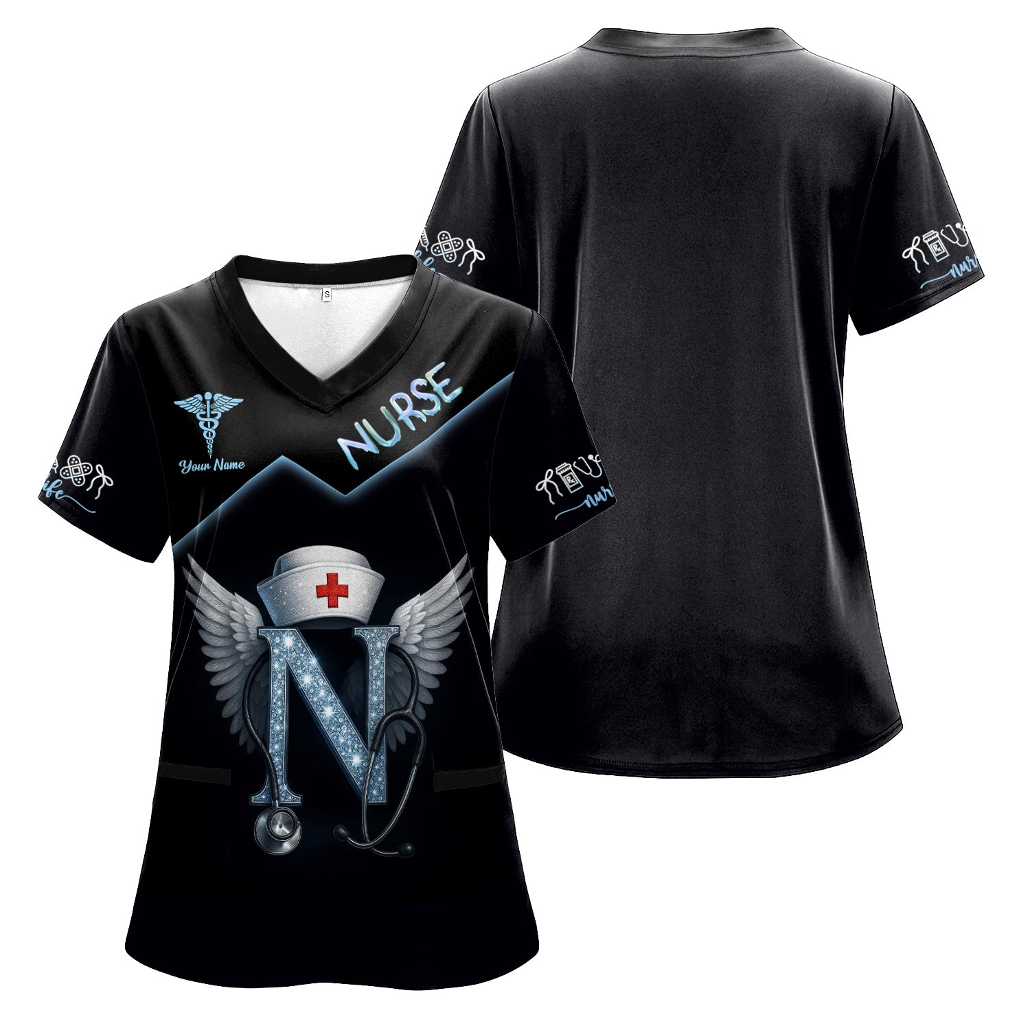 Funny Nurse T-shirt with Glowing 'N' Design - Customizable with Stethoscope & Wings Design - Perfect for RN, CNA, LPN, Healthcare Professionals
