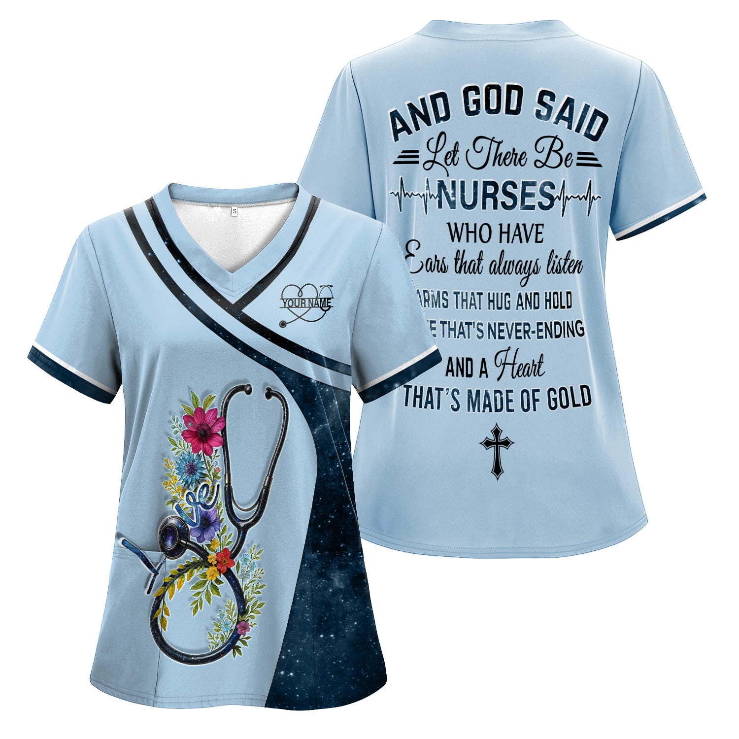 Personalized Nurse Love T-Shirt - Floral Stethoscope Galaxy Design - Custom Gift for RN LPN CNA Healthcare Workers