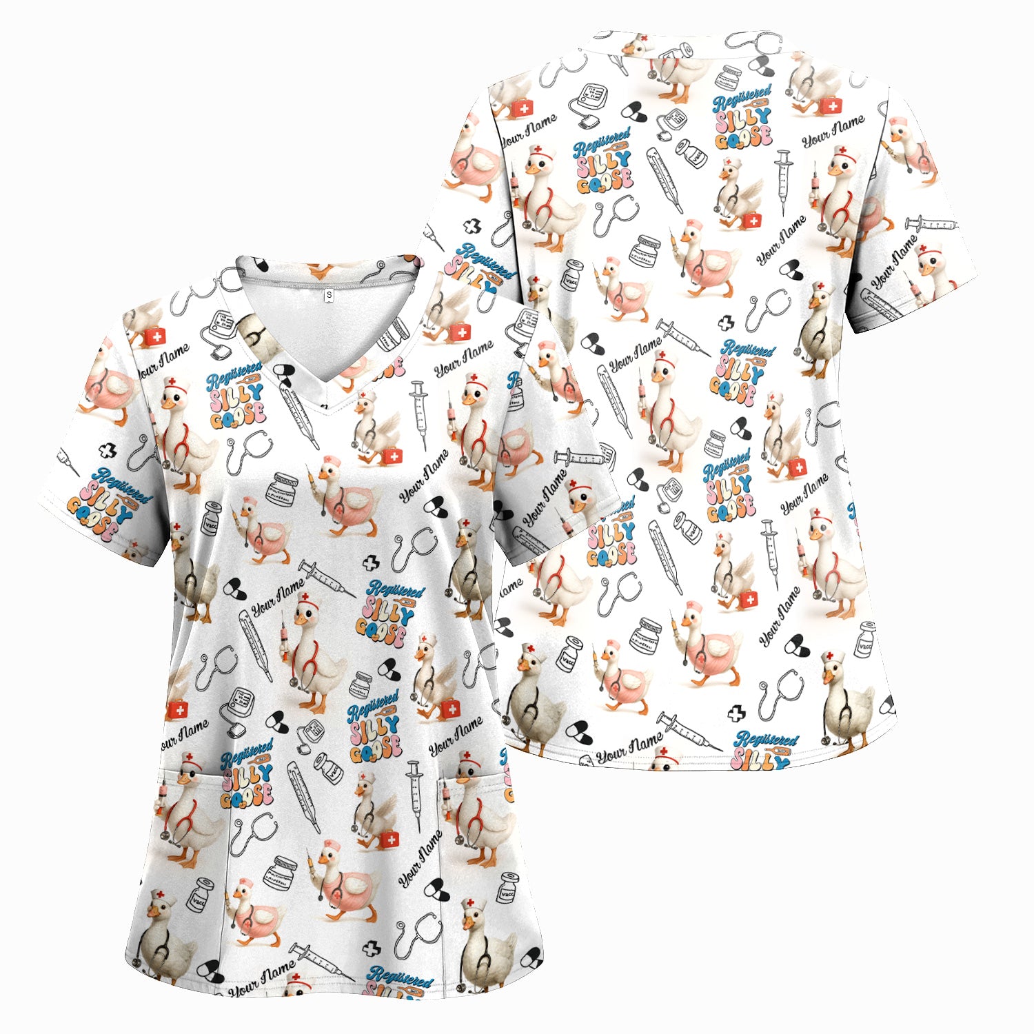 Funny Silly Goose Nurse Scrub Top Personalized Name - Cute Custom Uniform for RN LPN CNA - White V Neck Shirt for Women in Healthcare