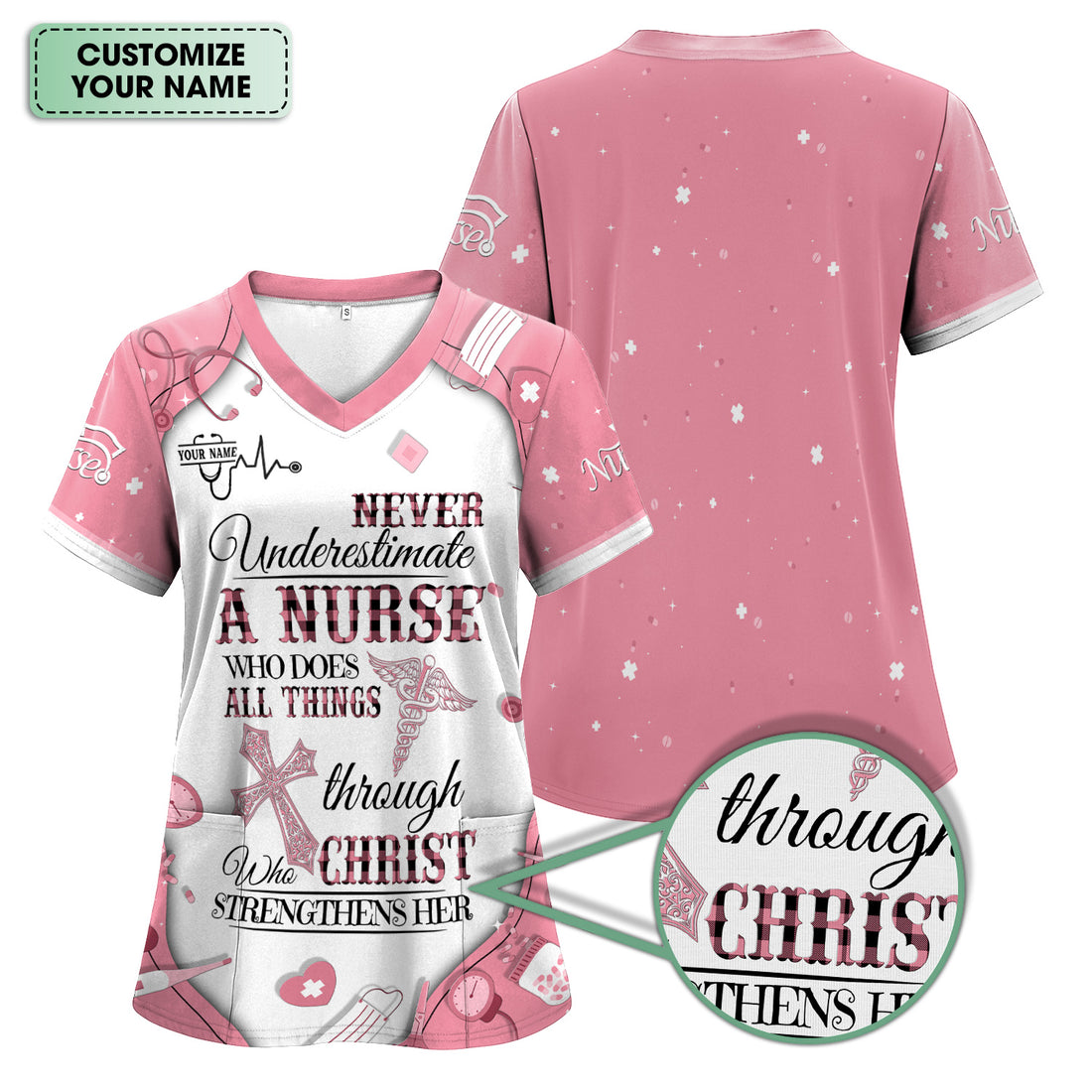 Faith-Based Personalized Nursing Scrub for Women - Bible Verse All Things Through Christ - Gift for RN, LPN, CNA Healthcare Professionals