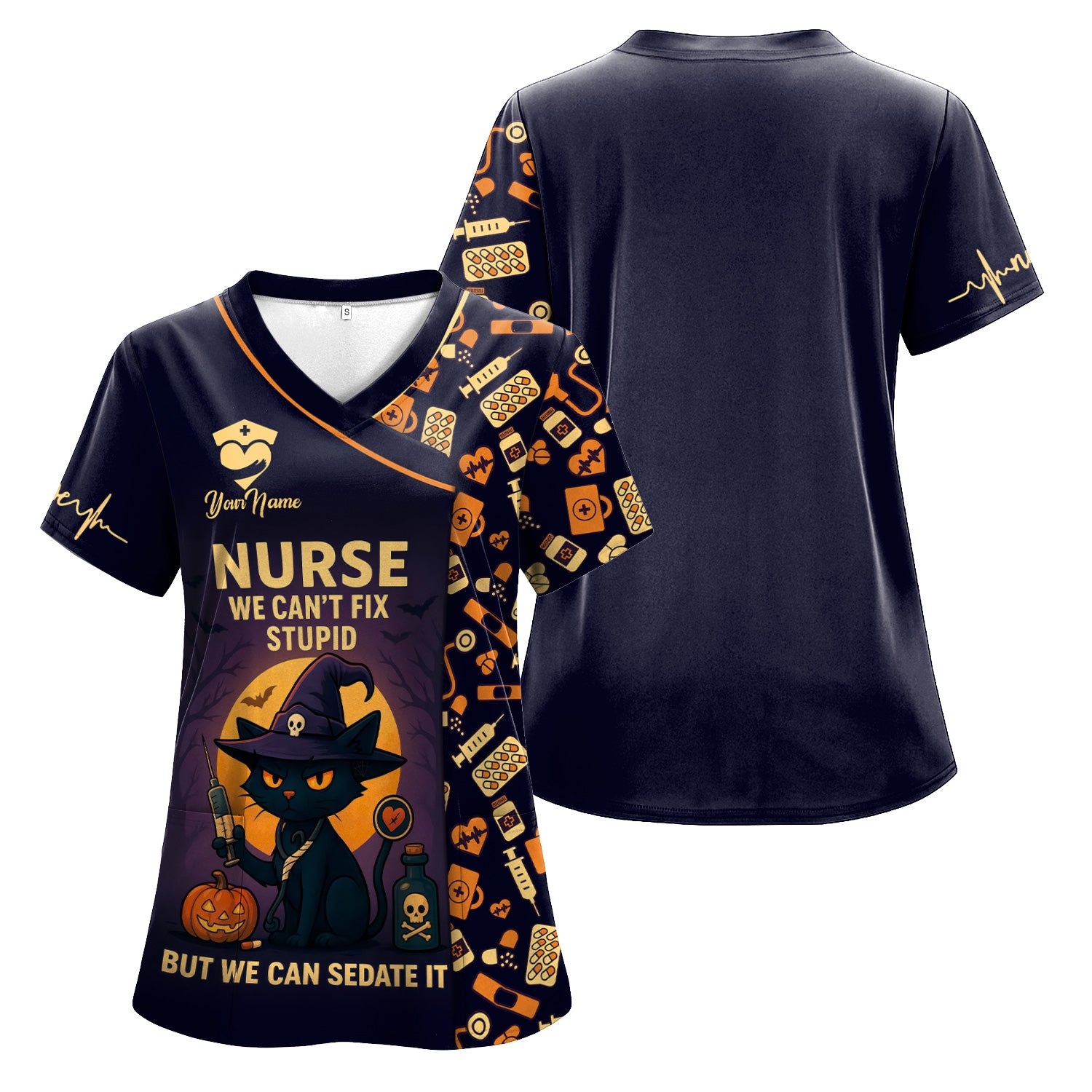 Personalized Halloween Nurse Scrub Top - We Can’t Fix Stupid Black Cat Quote - Gift for RN CNA LPN