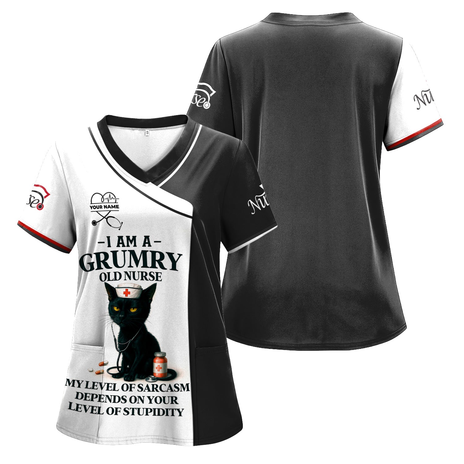 Grumpy Old Nurse Scrub Shirt with Sarcastic Black Cat Design - I Am a Nurse Of Course I'm Grumpy Quote - Gift for RN CNA LPN Healthcare Workers