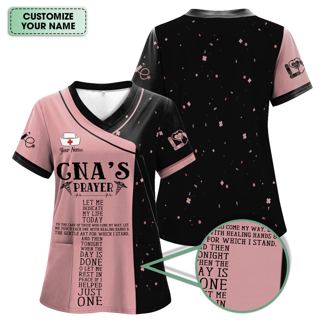 Personalized Nursing Faith Scrub for Women - CNA's Prayer & Caduceus Symbol Design - Gift for RN LPN Healthcare Workers
