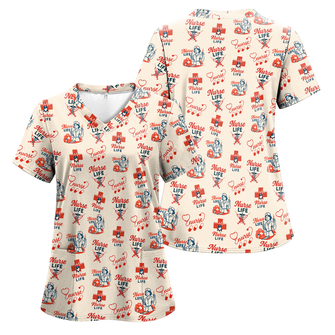 Personalized Vintage Nurse Life Scrub Top - Retro Medical Icons Pattern Design - Gift for RN LPN BSN Women