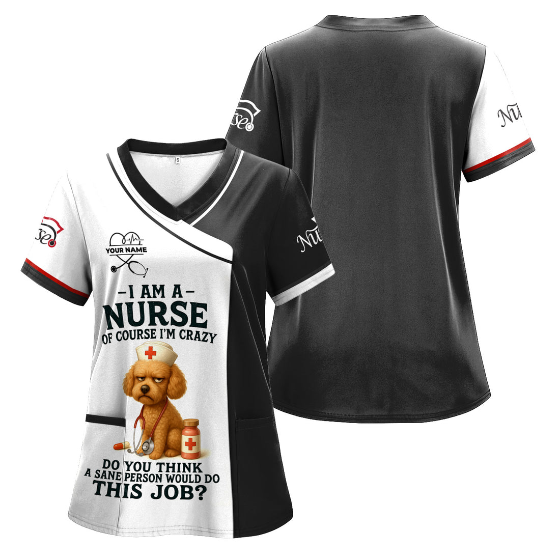 Personalized Nurse Scrub Top for Women RN LPN CNA - Custom Name Funny Grumpy Dog Saying Crazy Nurse Life Quote - Appreciation Gift for Healthcare Workers