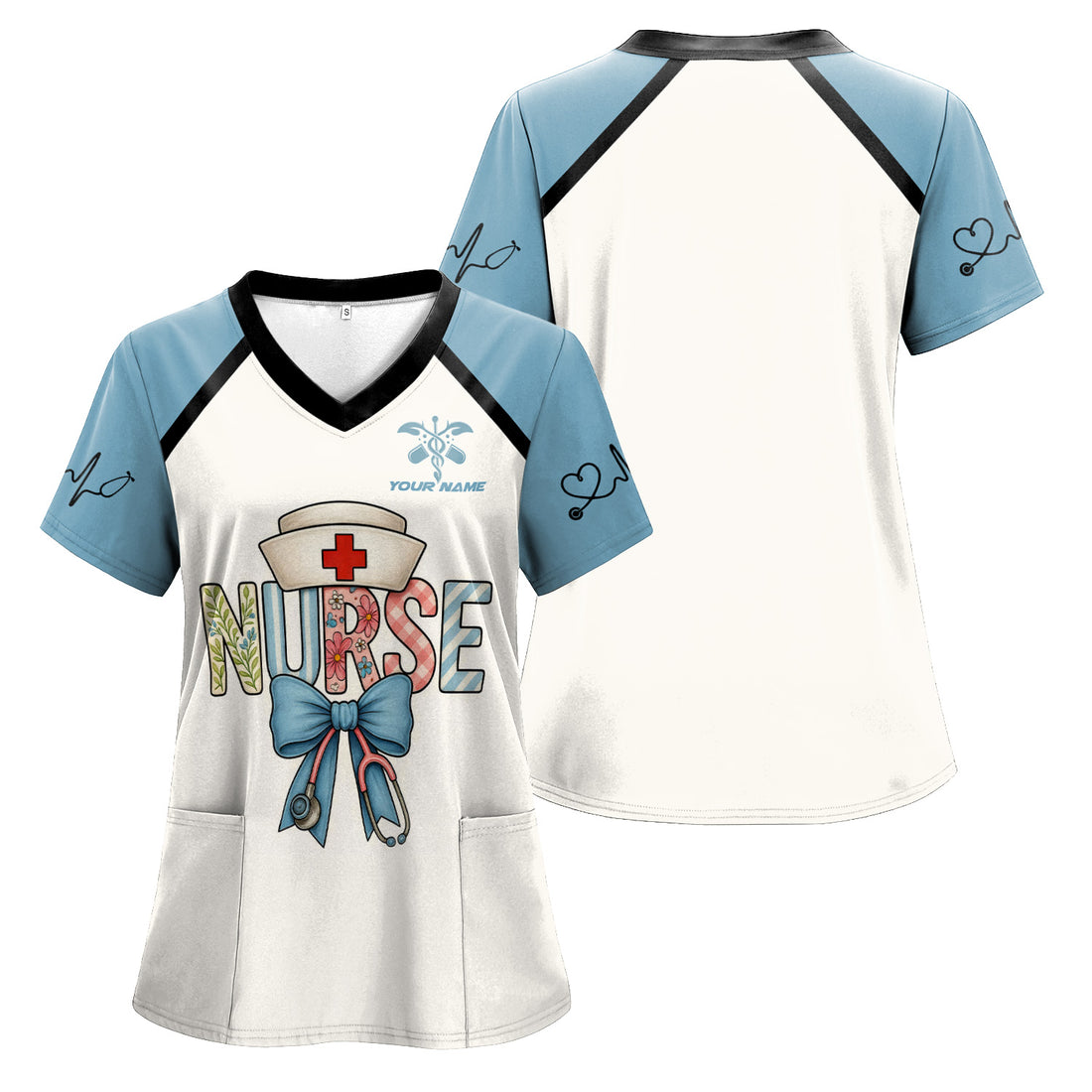 Custom Nurse Scrub Top for Women - Cute Bow Stethoscope Design & Name Personalization - Gift for RN CNA LPN Nursing Appreciation