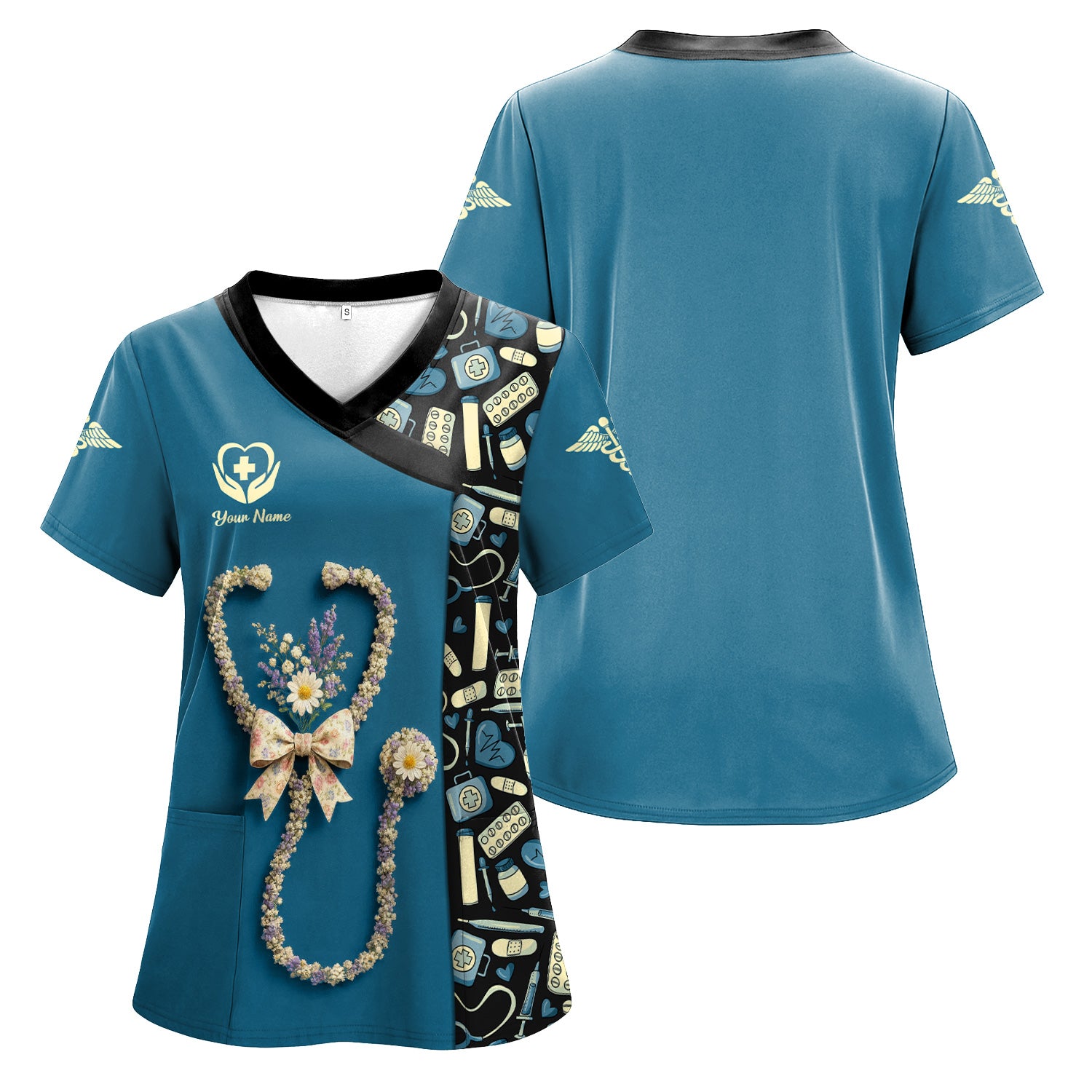 Colorful Nurse Scrubs for Women RN CNA LPN - Inspirational Floral Stethoscope Top with Heart Design - Gift for Healthcare Workers with Custom Name