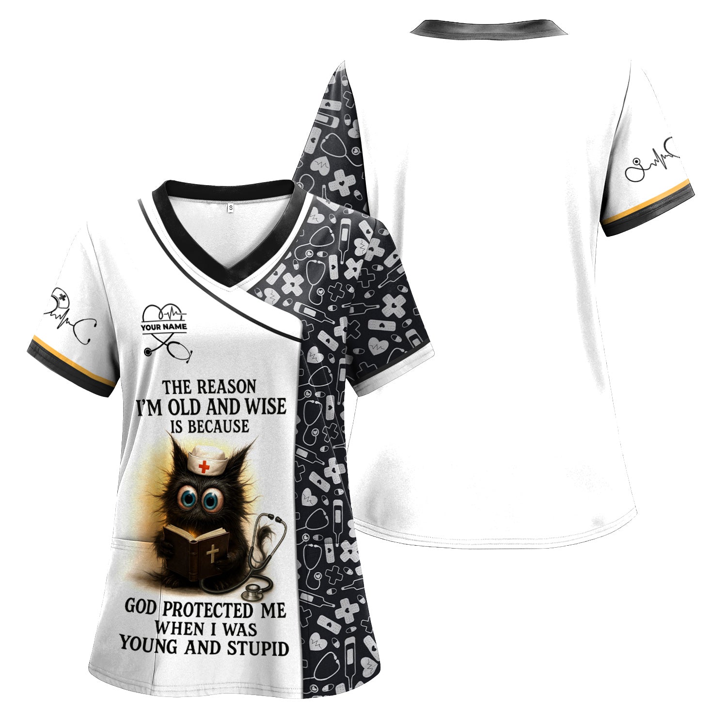 Custom Name Christian Nurse Scrub Shirt - Bible and Medical Tools Design for RN LPN CNA - Personalized Nursing Healthcare Gift