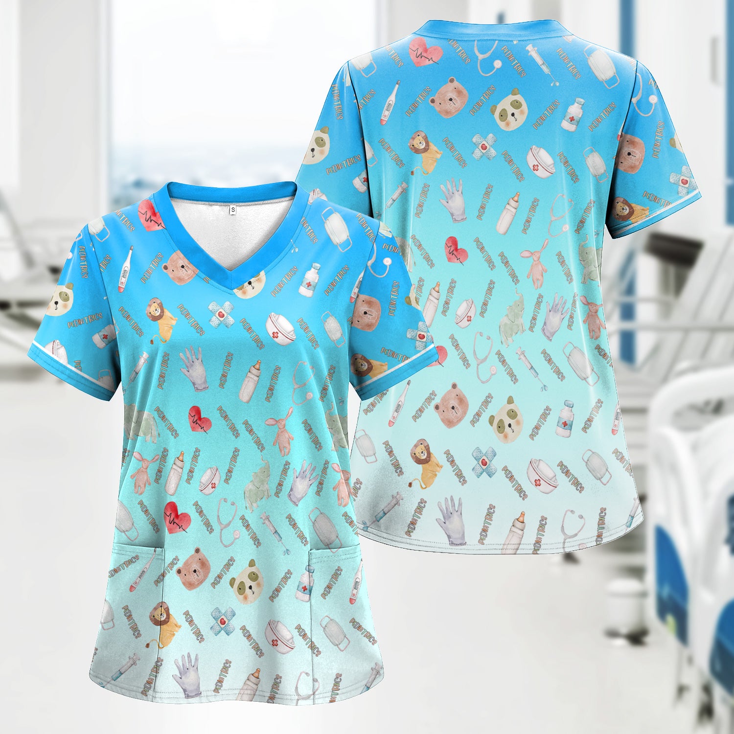 Adorable Pediatric Medical Scrub - Medical Uniform Top with Animal & Heart Icons - Gift for RN, CNA, LPN, Healthcare Worker