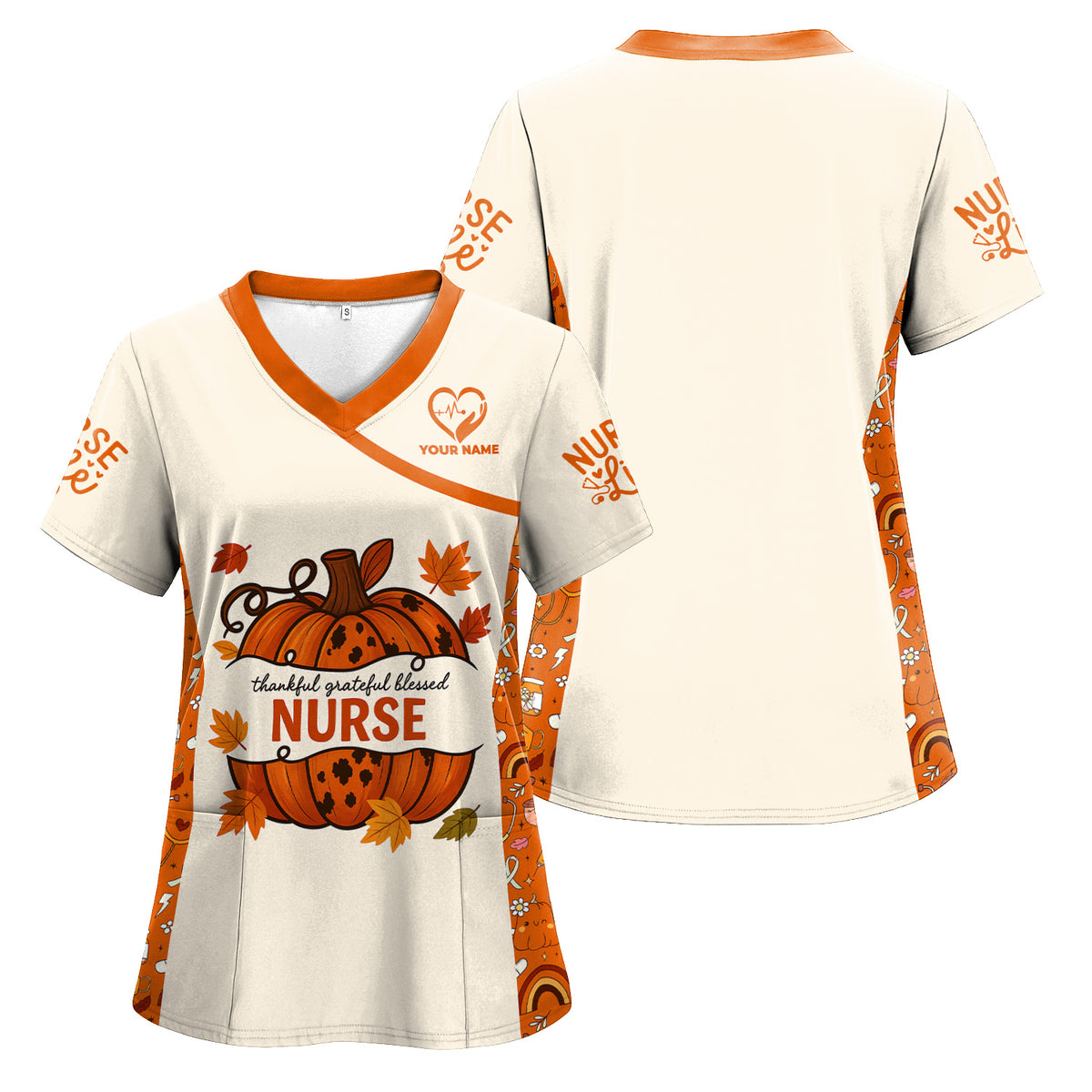 Thankful Grateful Blessed Nurse Scrub Top - Fall Pumpkin Thanksgiving Shirt - Personalized Autumn Gift for Women RN CNA LPN