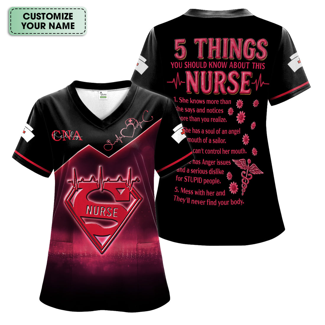 Custom Nurse Scrub Top for CNA RN LPN - Funny 5 Things You Should Know About This Nurse - Healthcare Worker & Medical Staff Gift