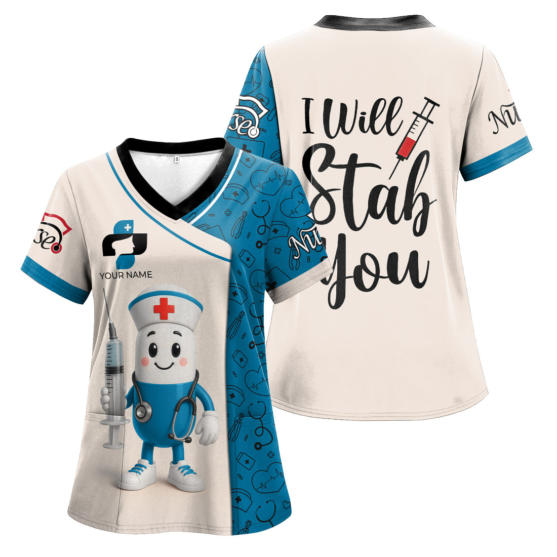 Custom Nursing Cartoon Scrub Top for Women  - Medical Pill Character Holding Syringe Design for RN LPN CNA - Funny Healthcare Gift Multiple Color Options
