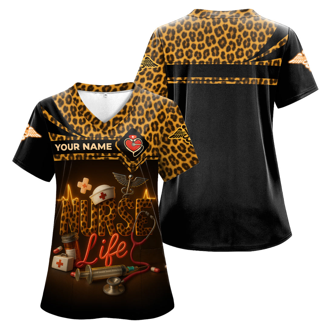 Personalized Nurse Scrub Top for Women - Cheetah Pattern with Stethoscope & Syringe Design - Custom Name Gift for RN, CNA, LPN
