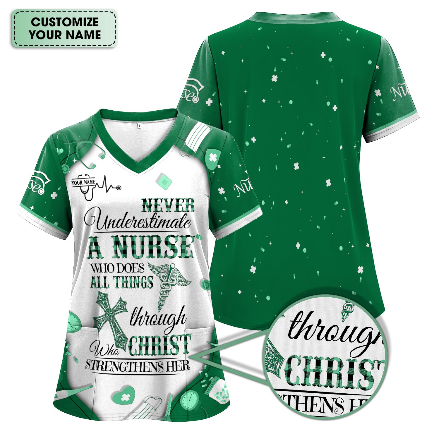 Faith-Based Personalized Nursing Scrub for Women - Bible Verse All Things Through Christ - Gift for RN, LPN, CNA Healthcare Professionals